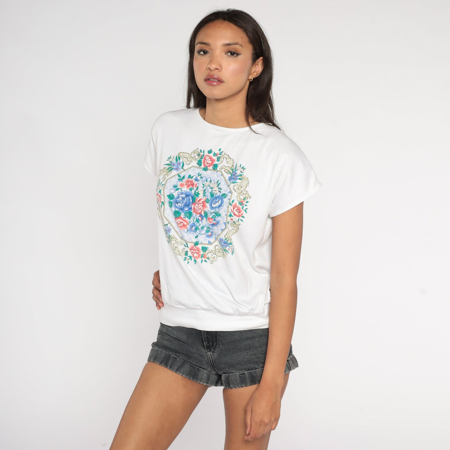 80s White Floral Print Short Sleeve Shirt Loose Fit Blouse Small S