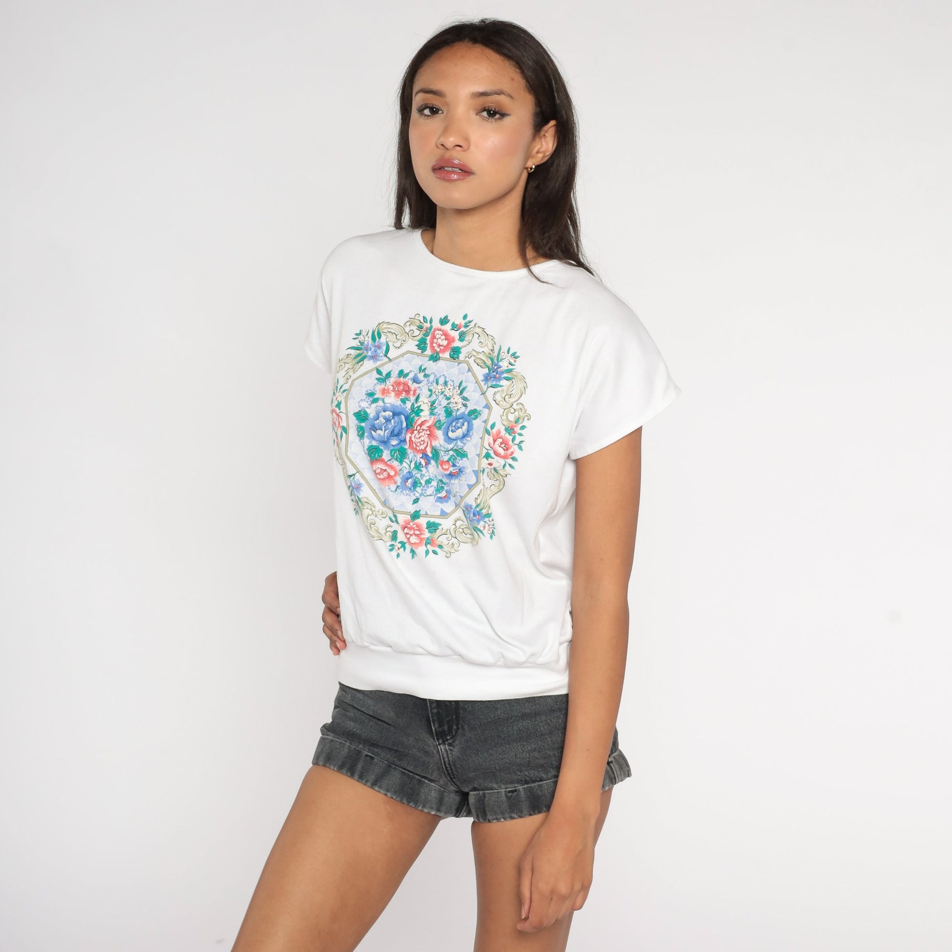 80s White Floral Print Short Sleeve Shirt Loose Fit Blouse Small S