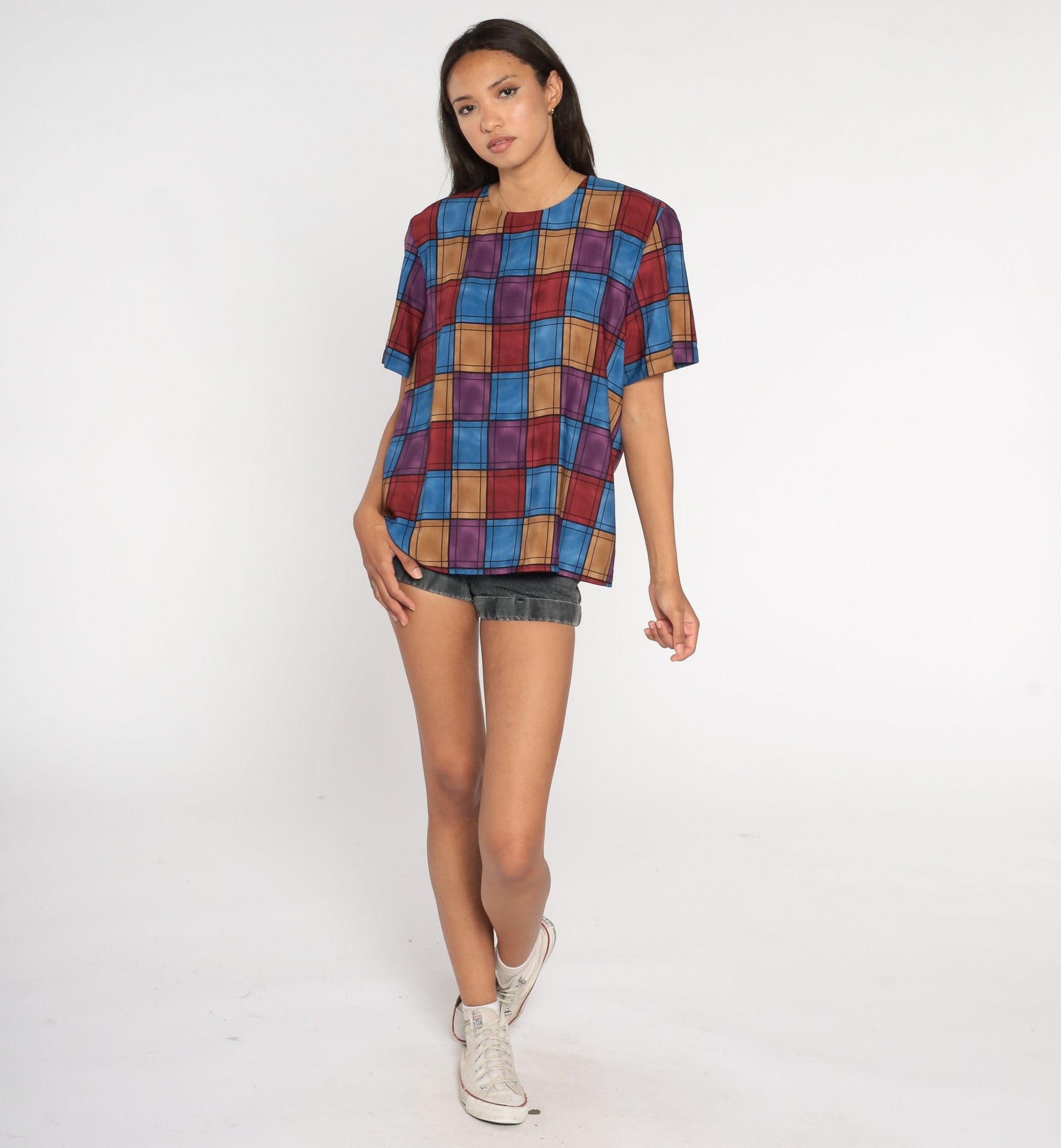 90s Checkerboard Blouse Purple Pink Blue Geometric Short Sleeve Medium M
