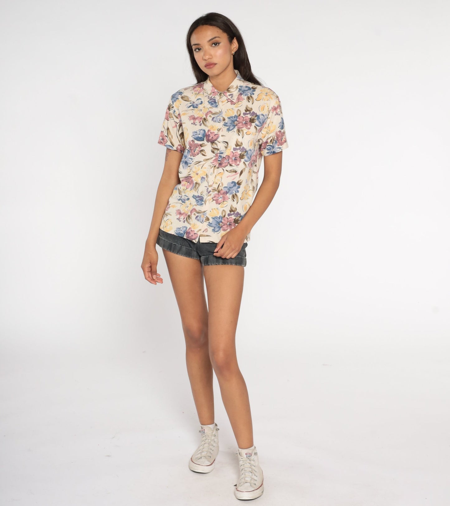 90s Silk Floral Button-Up Shirt Short Sleeve Botanical Beige Blue Yellow Small