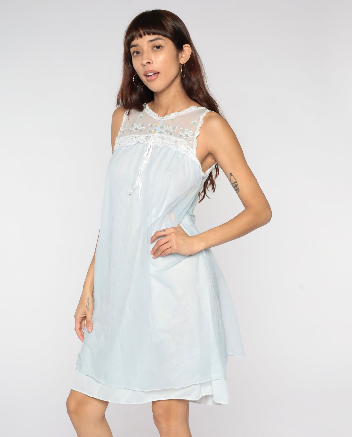 70s Baby Blue Nylon Nightgown Embroidered Lace Bib Mini Slip Dress Small