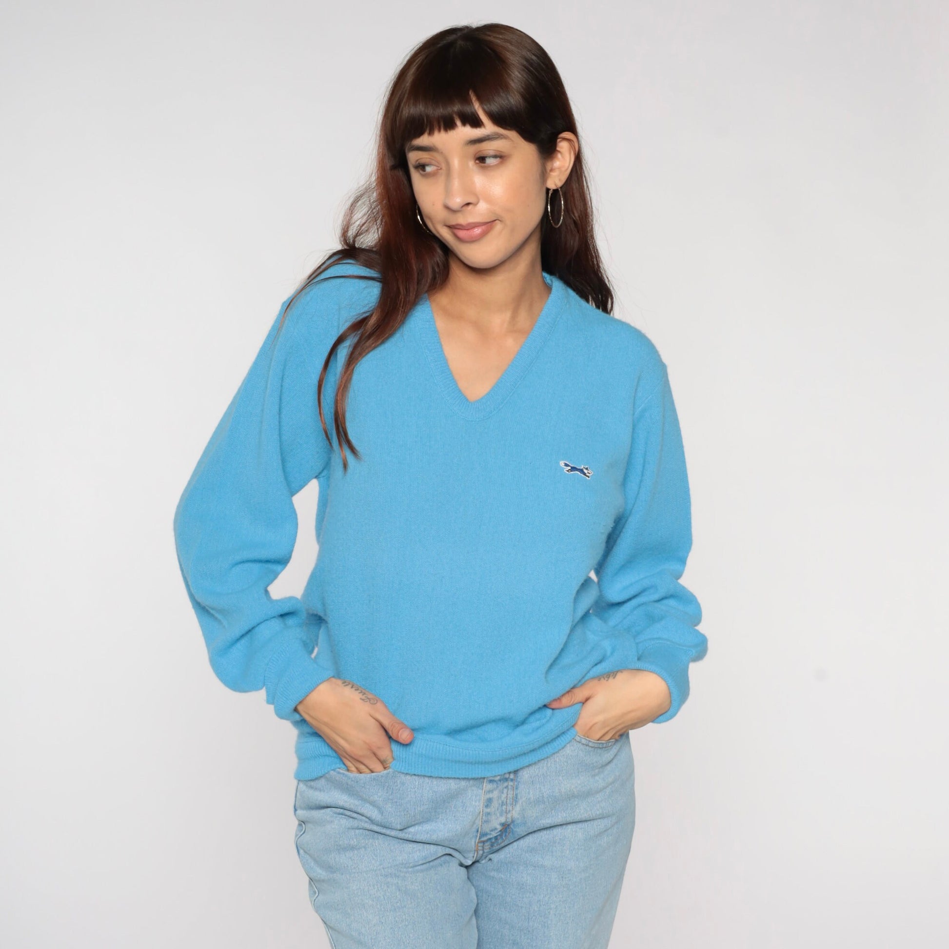 80s Light Blue Fox Emblem V-Neck Pullover Sweater Small S