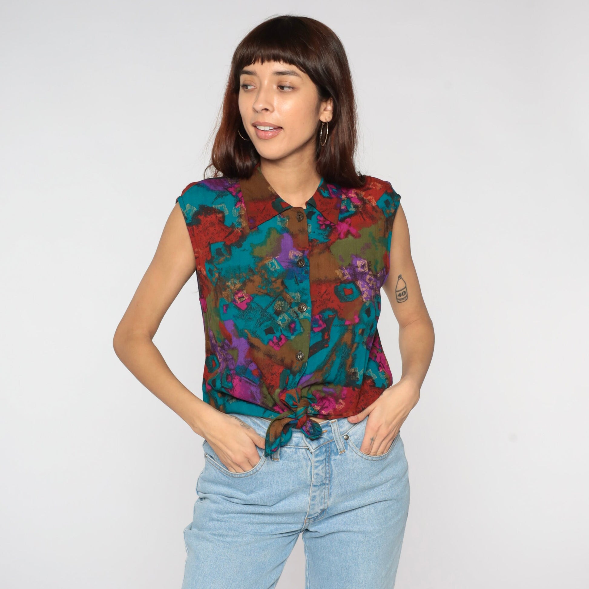 90s Abstract Print Tie Front Crop Top Rayon Button Up Collared Medium