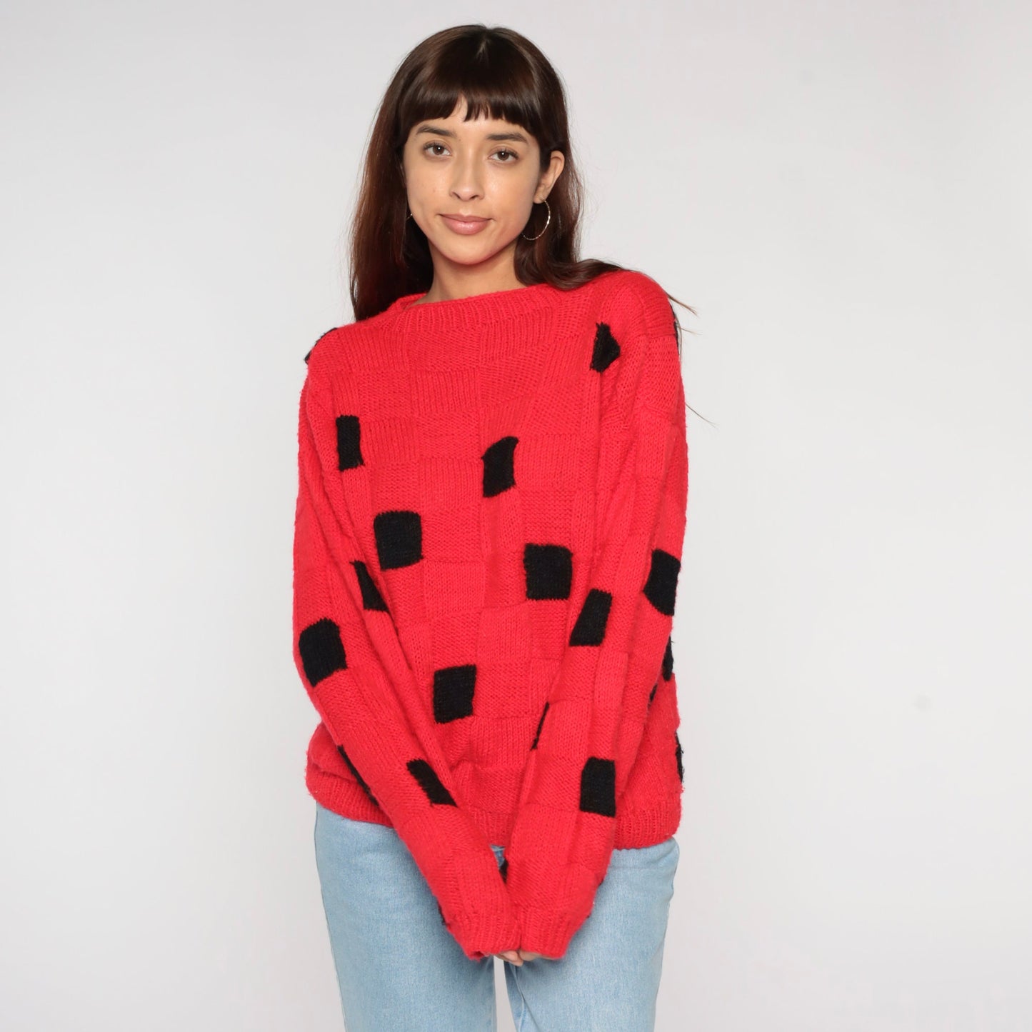 80s Red Black Checkered Knit Sweater Crewneck Pullover Medium Large