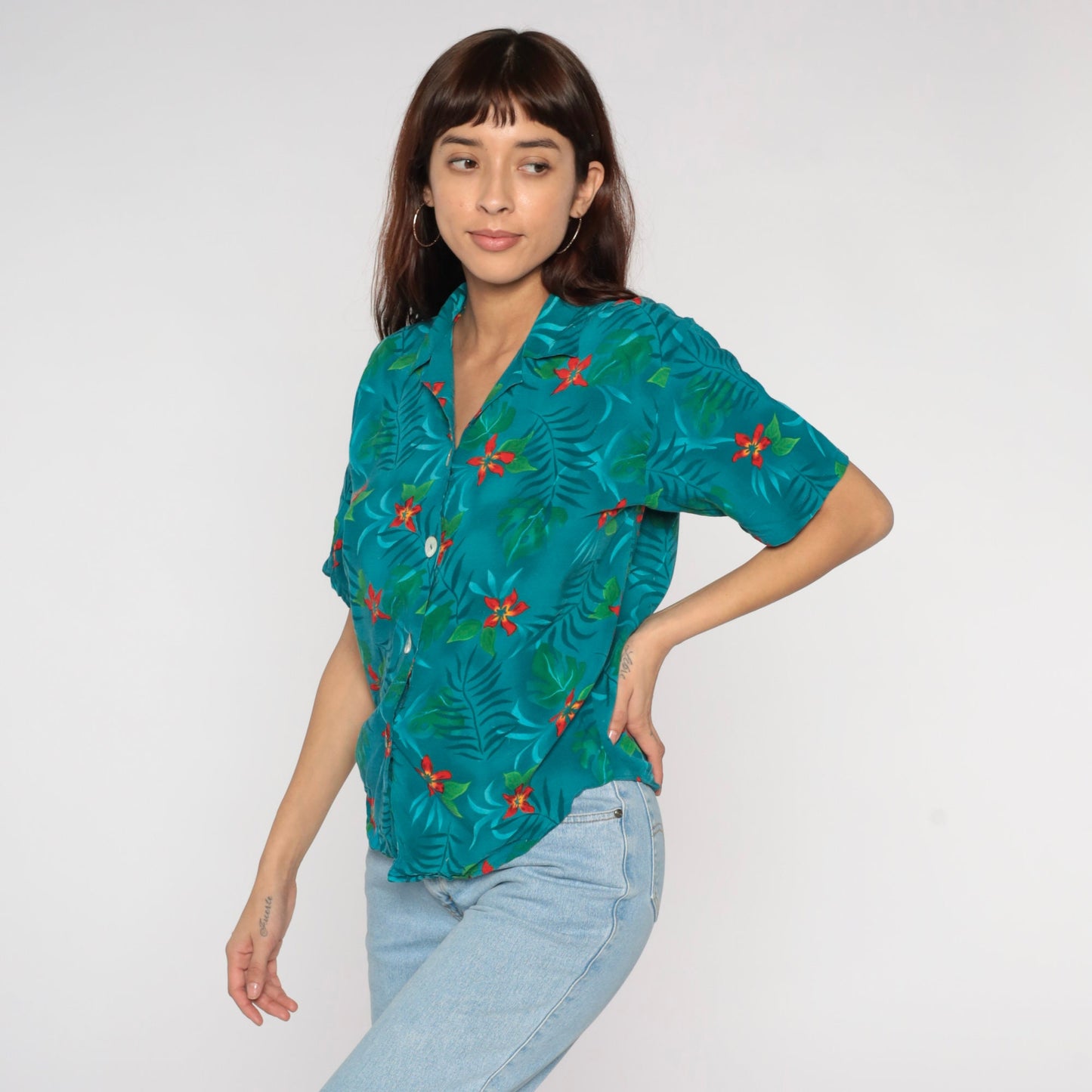90s Tropical Floral Button-Up Blouse Teal Leaf Print Short Sleeve Small