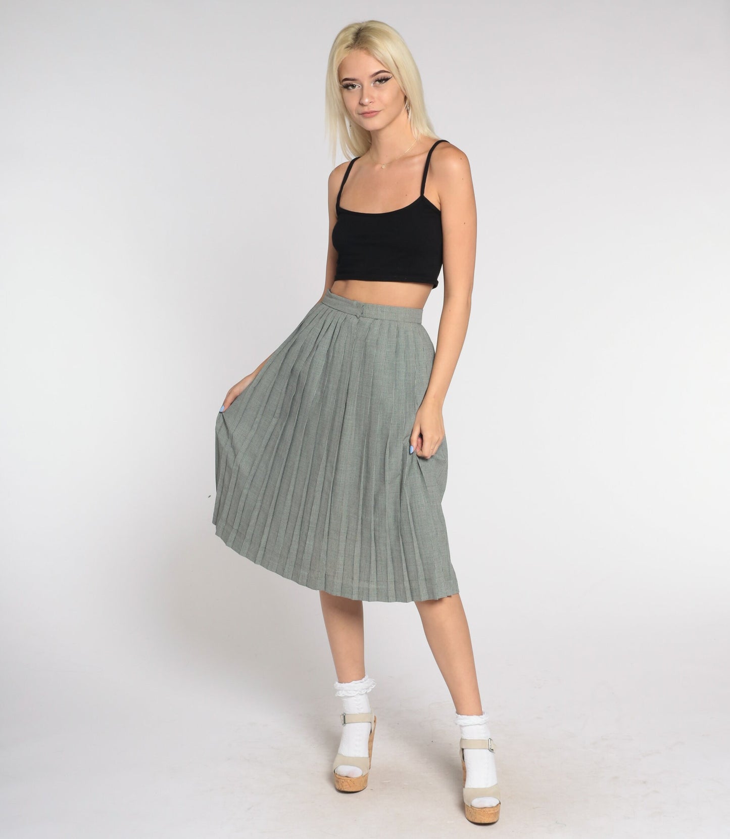 80s Houndstooth Pleated Midi Skirt Black White High Waist Extra Small