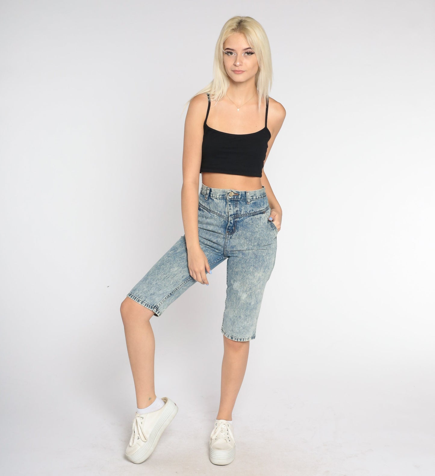 90s Acid Wash Denim Bermuda Shorts High Waist Knee Length Blue Extra Small