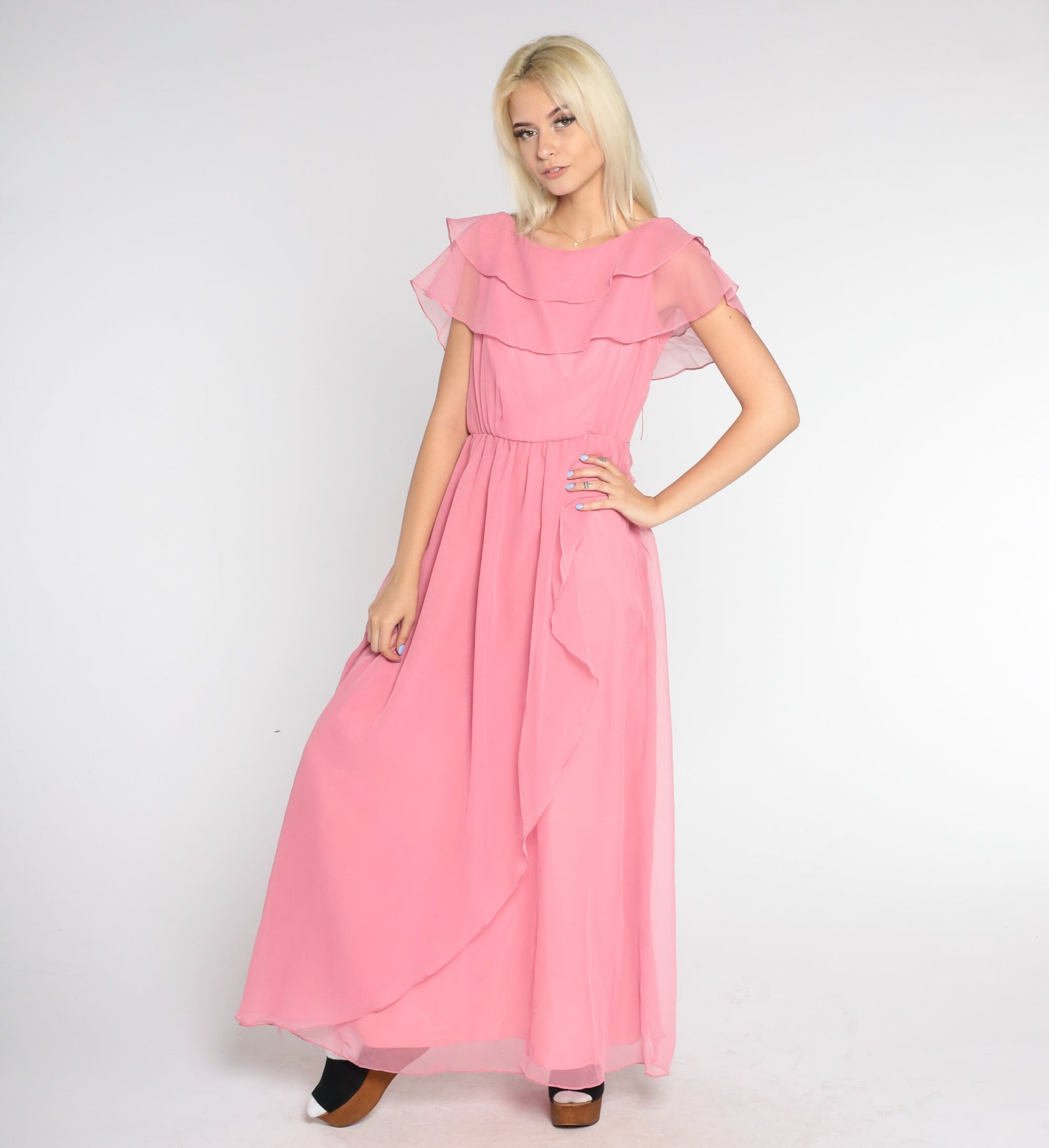70s Pink Chiffon Maxi Dress Grecian Capelet Flutter Sleeve High Waist Extra Small
