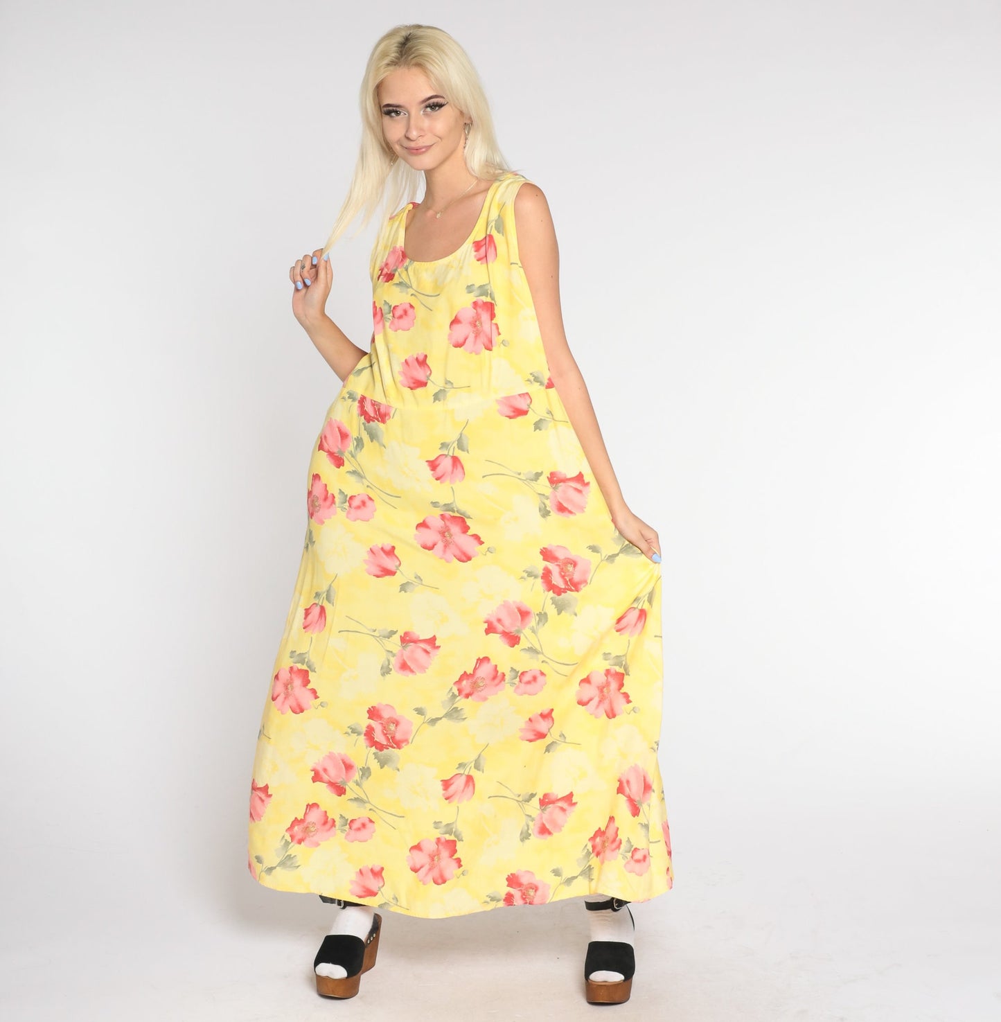 90s Yellow Poppy Print Maxi Dress Sleeveless Floral Large L