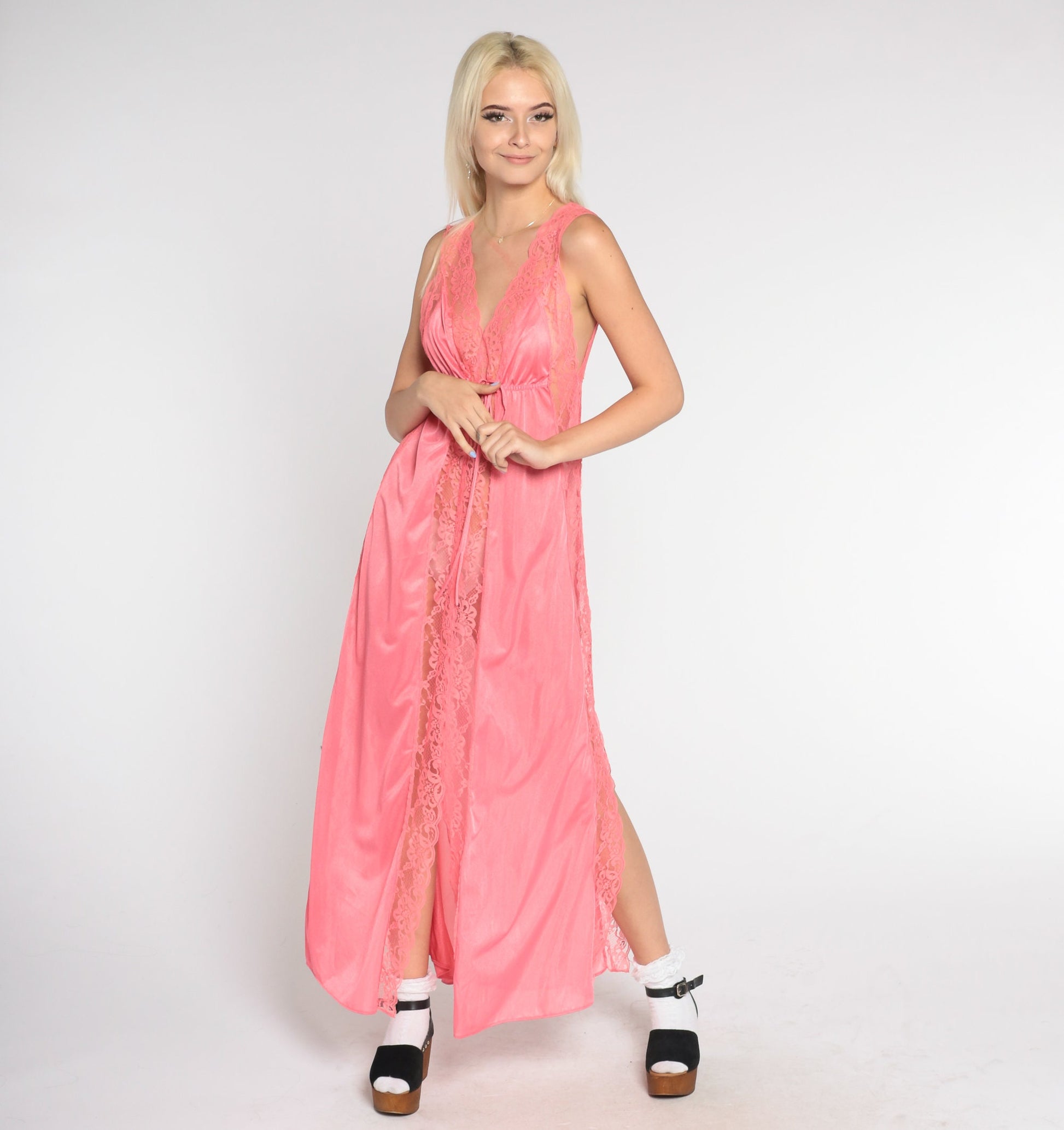 70s Bright Pink Sheer Floral Lace Nightgown Maxi Empire Waist Small