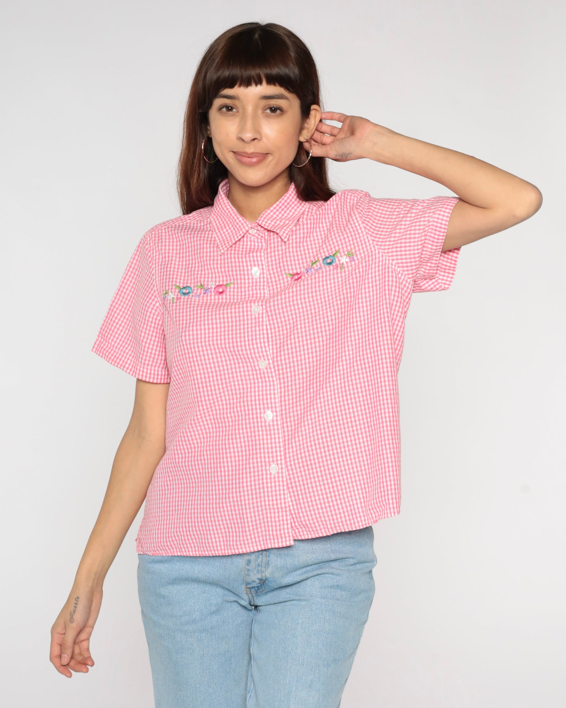 Y2K Pink Gingham Blouse Floral Embroidered Button Up Short Sleeve Medium M
