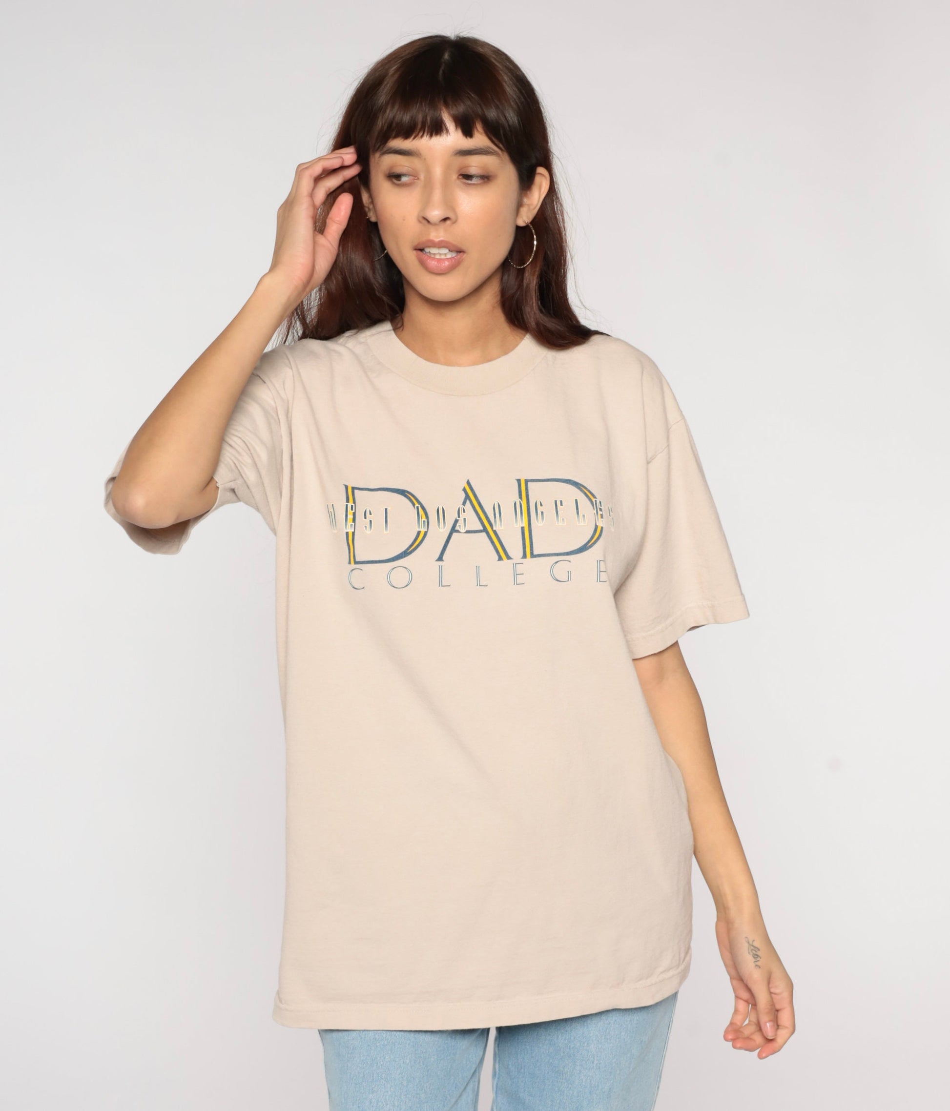 Y2K West LA College Dad Graphic Tee Tan Cotton Large