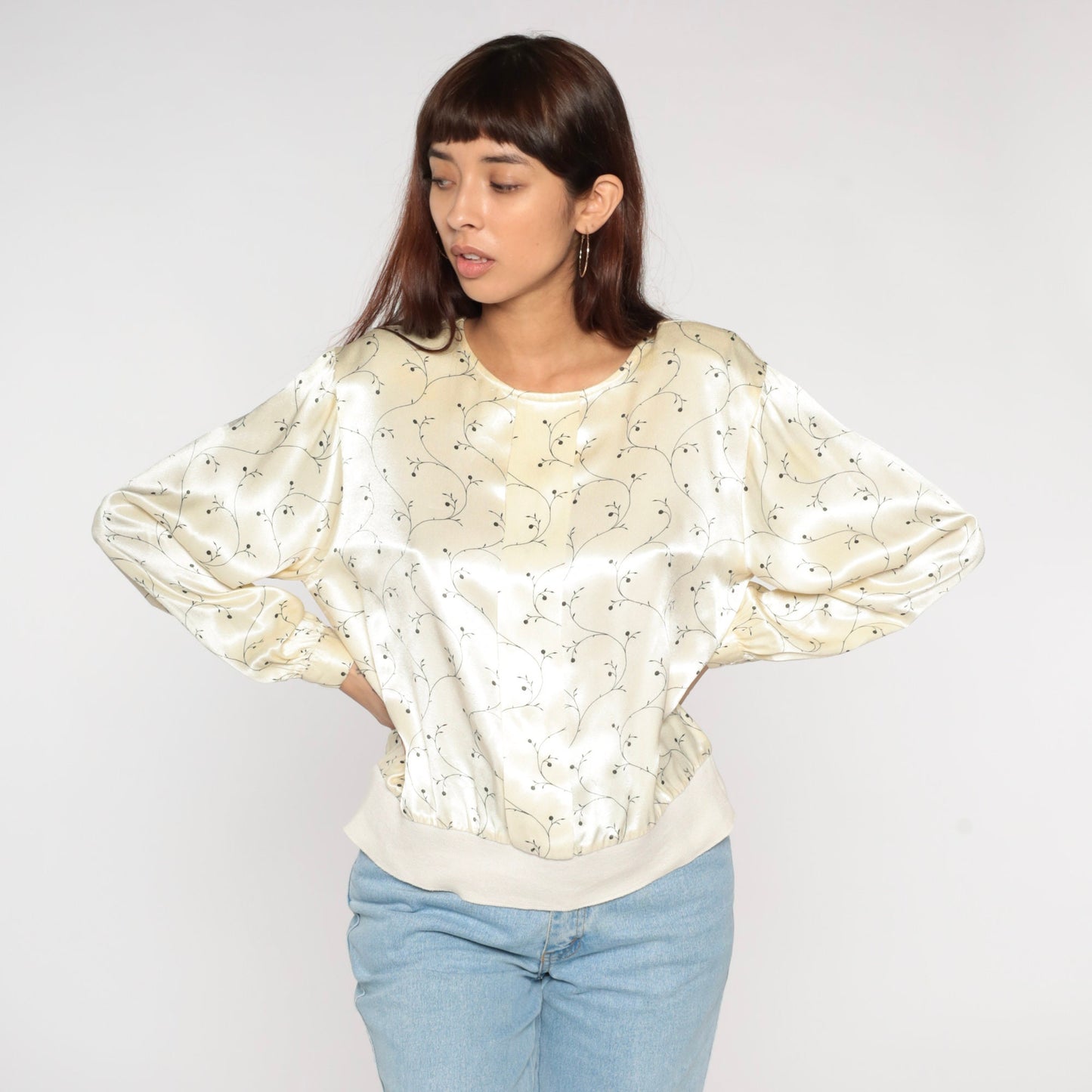 90s Cream Floral Shiny Blouse Long Sleeve Pullover Banded Hem Medium M