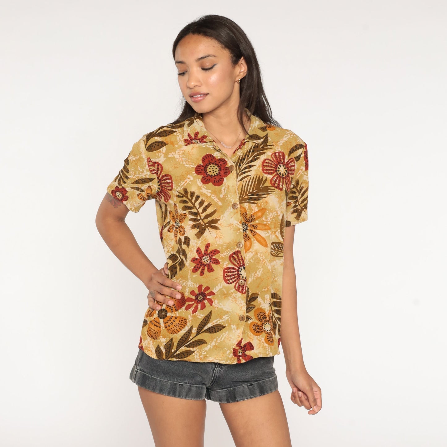 90s Floral Brown Rayon Blouse Short Sleeve Button Up Tropical Print Medium