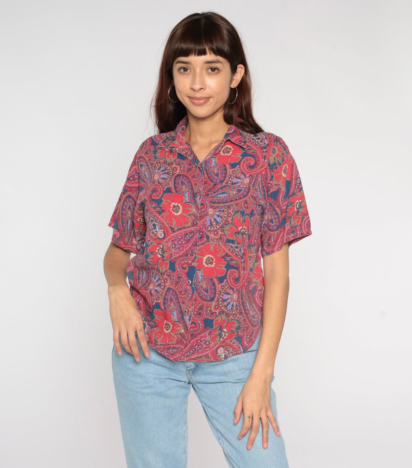 90s Paisley Floral Button Up Blouse Red Blue Short Sleeve Small