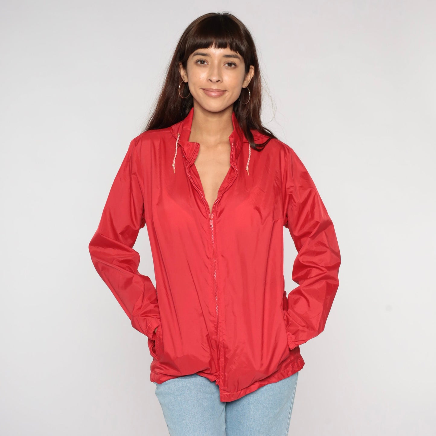 80s LL Bean Red Hooded Windbreaker Nylon Zip Jacket Small