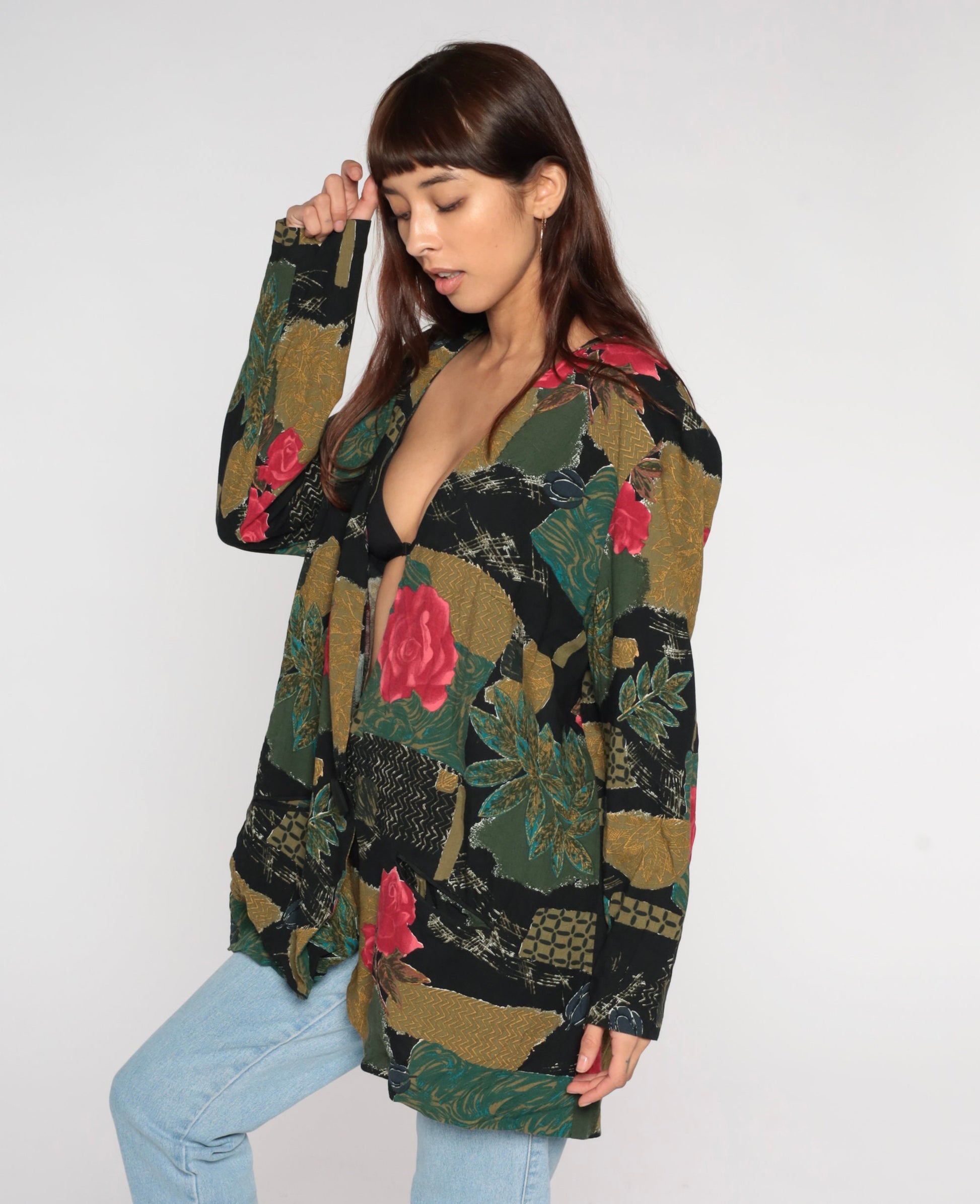 90s Patchwork Floral Rayon Jacket Deep V Button Front Rose Print Large