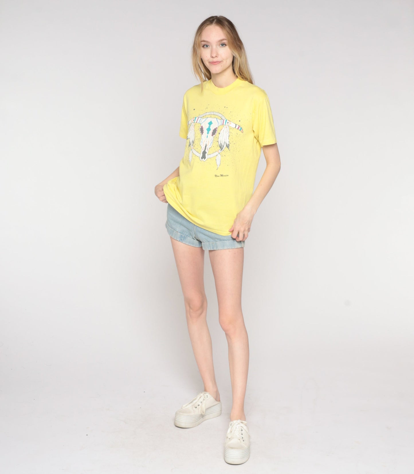 90s New Mexico Dreamcatcher Steer Skull Graphic Tee Yellow Medium