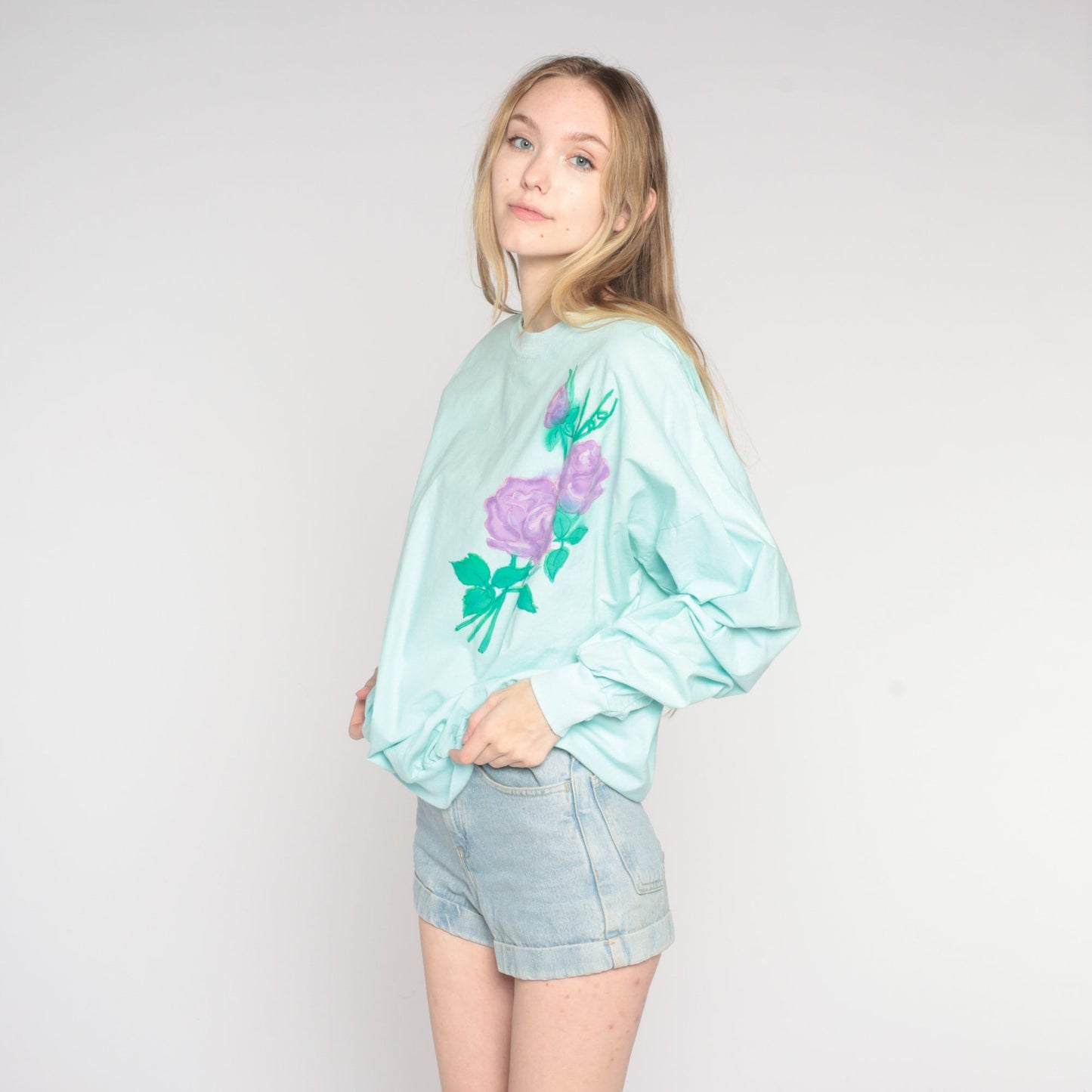 80s Airbrushed Rose Sweatshirt Mint Blue Floral Crewneck Extra Large XXL