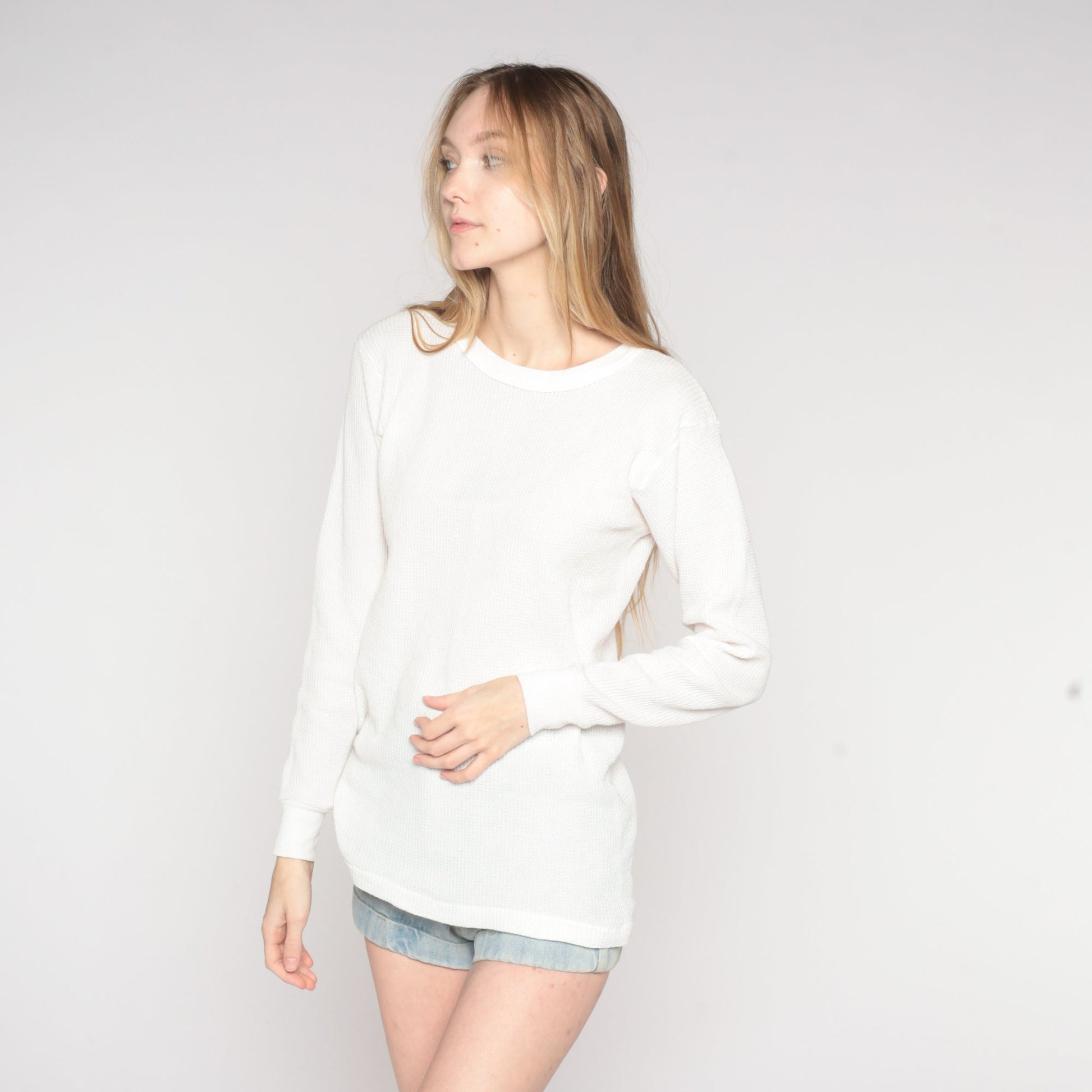 80s White Thermal Waffle Knit Long Sleeve Undershirt Large L