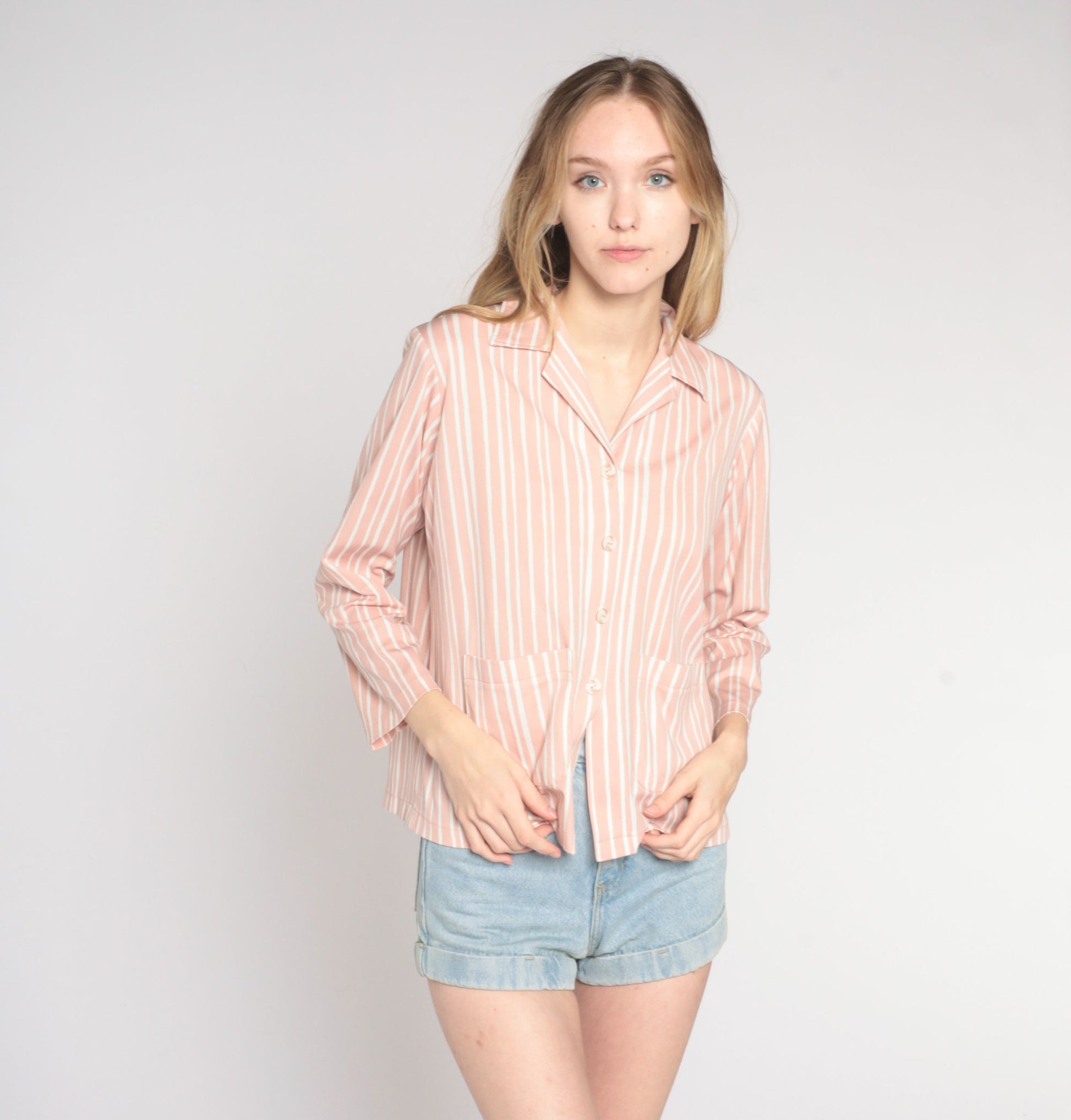 70s Pink White Striped Button-Up Blouse Long Sleeve Collared Pocket Shirt Large