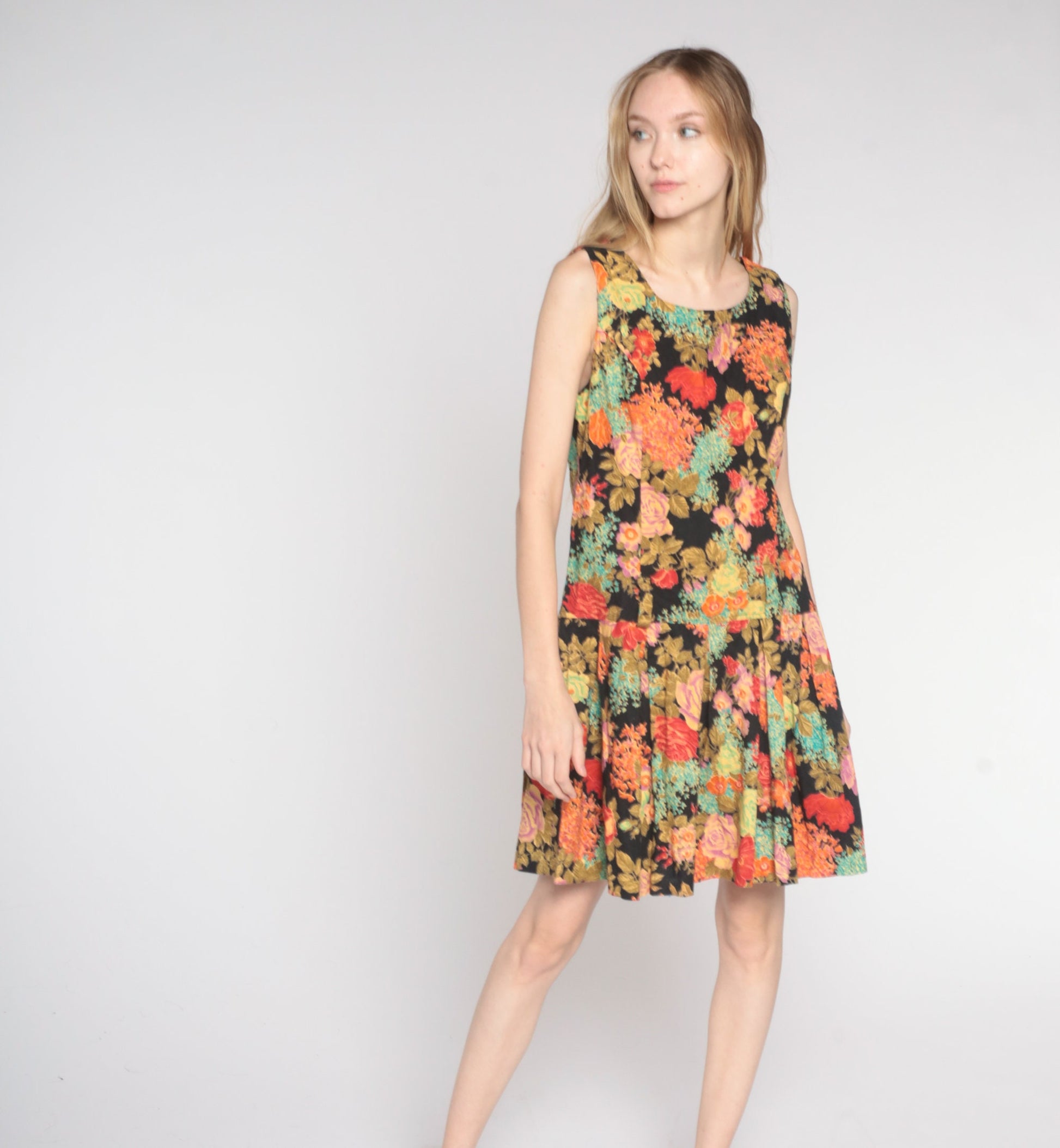 80s Joni Blair Floral Mini Dress Drop Waist Pleated Sleeveless Black Cotton Medium Large