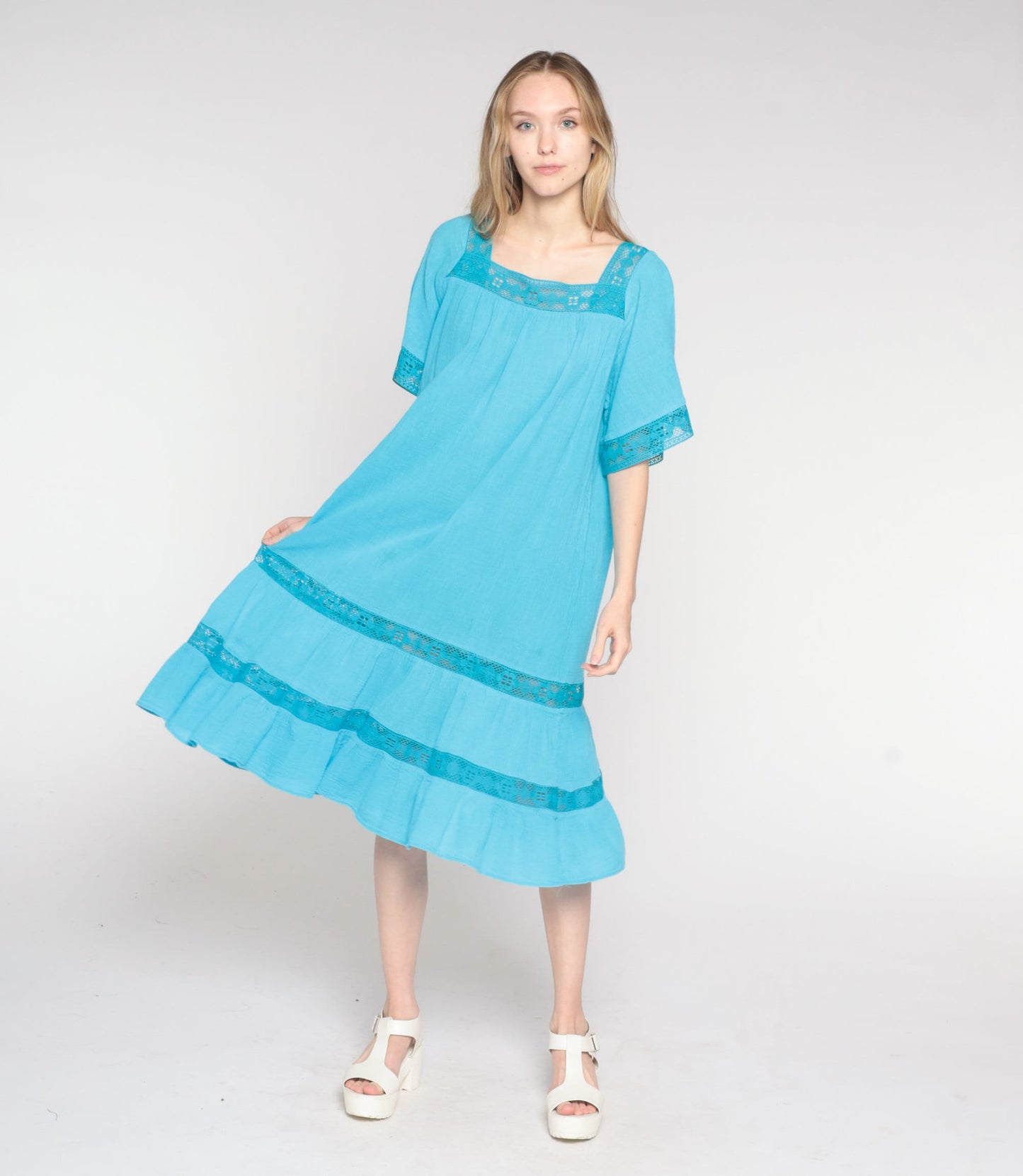 80s Blue Cotton Midi Dress Crochet Trim Tiered Trapeze Sundress Small