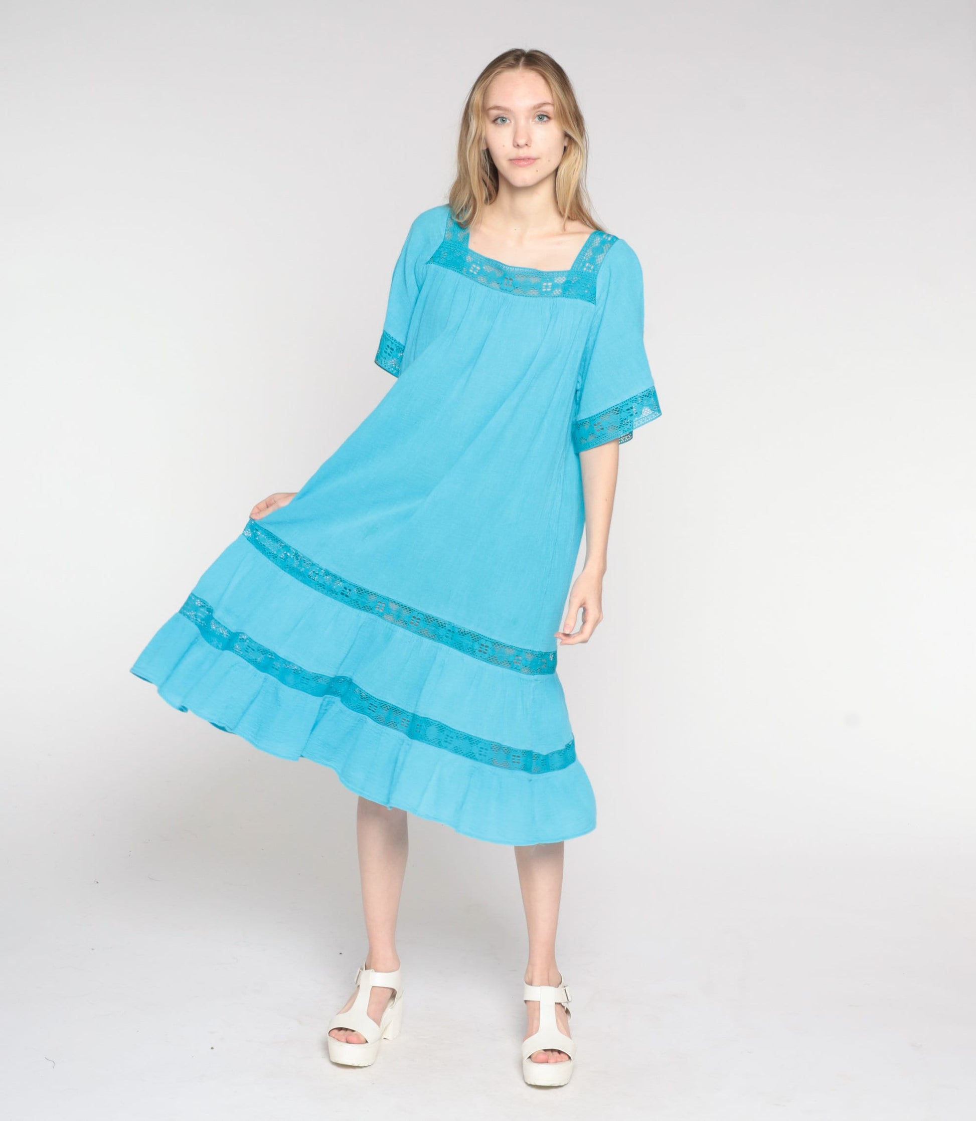 80s Blue Cotton Midi Dress Crochet Trim Tiered Trapeze Sundress Small