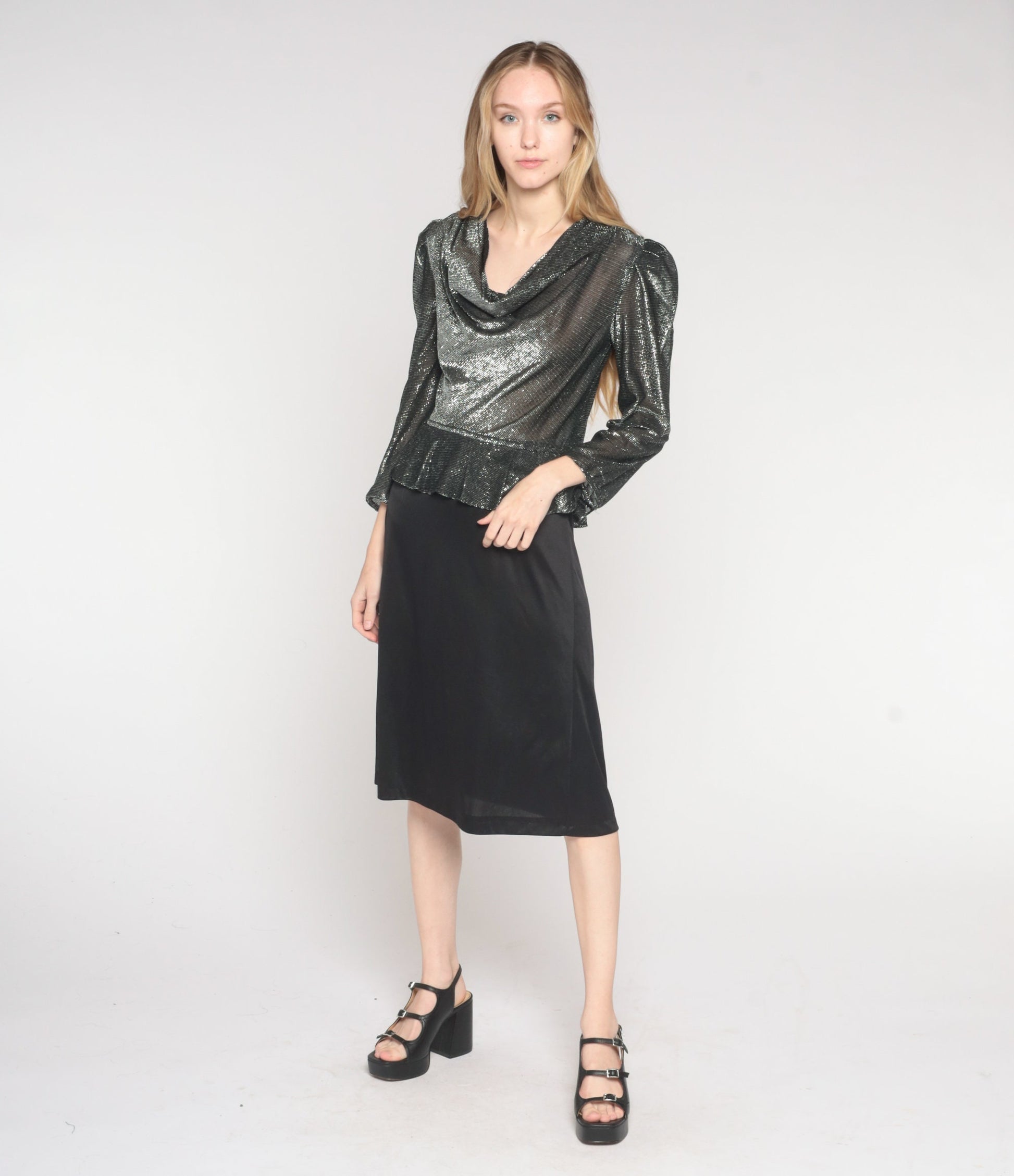 80s Silver Metallic Peplum Midi Dress Cowl Neck Puff Sleeve Small