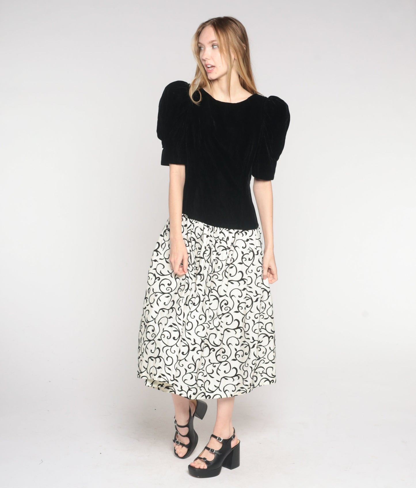 80s Black Velvet Vine Print Midi Dress Puff Sleeve Bow Scoop Back Small