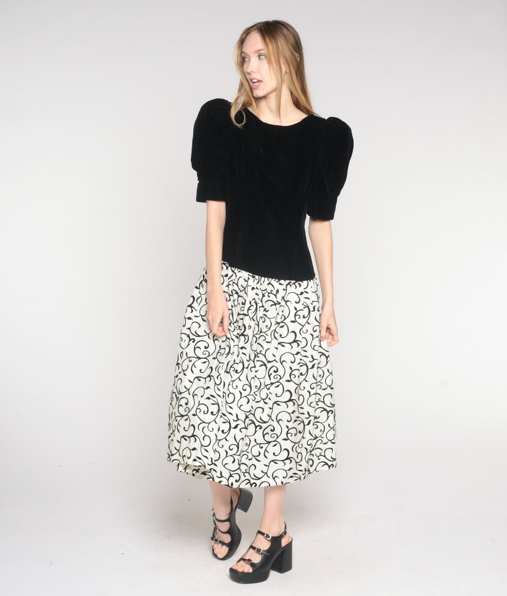 80s Black Velvet Vine Print Midi Dress Puff Sleeve Bow Scoop Back Small