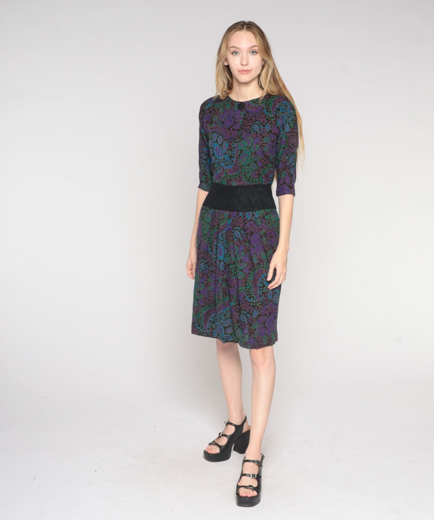 80s Paisley Shift Dress Black Purple Green Blue High Waist Knee Length Extra Small