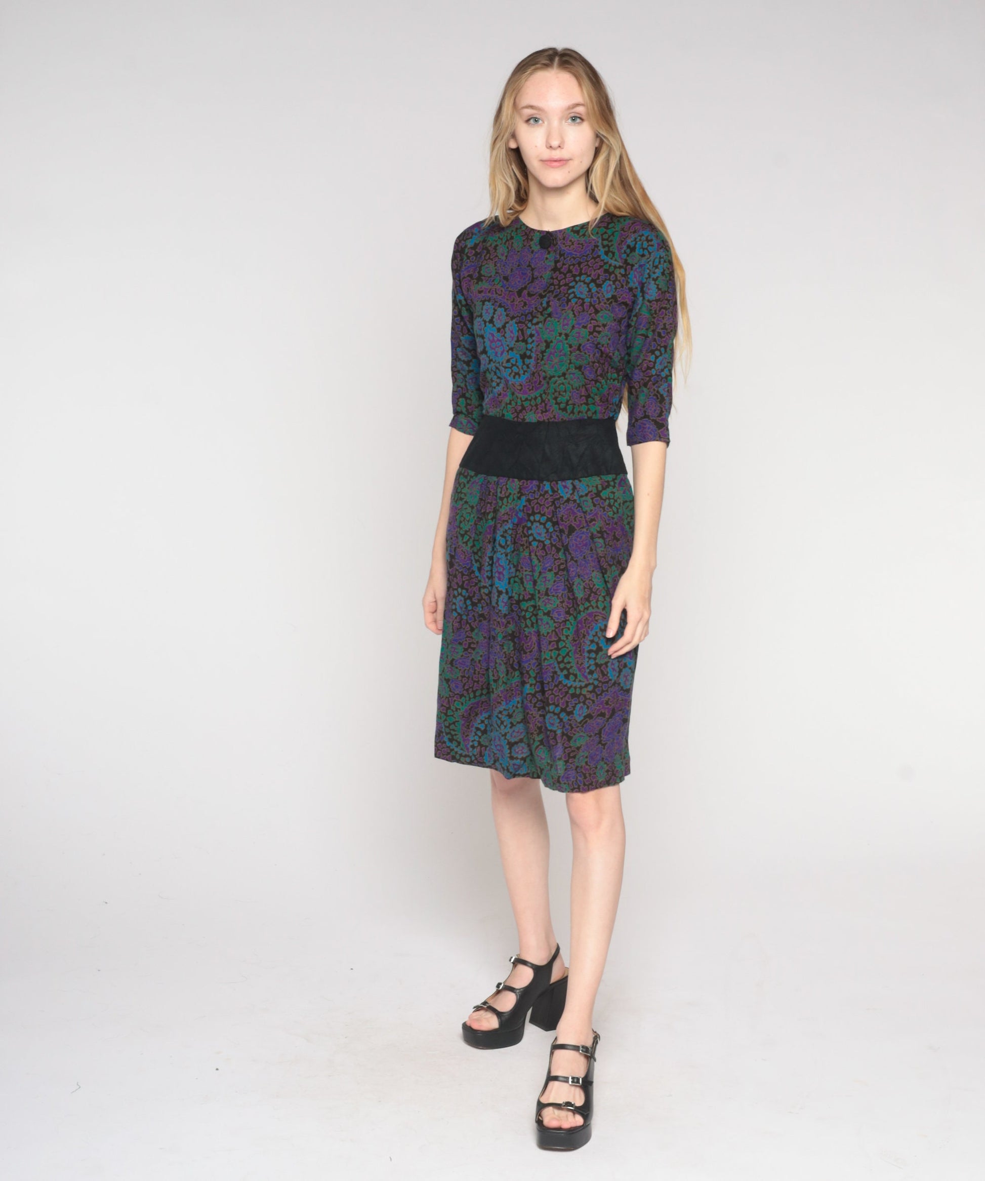 80s Paisley Shift Dress Black Purple Green Blue High Waist Knee Length Extra Small