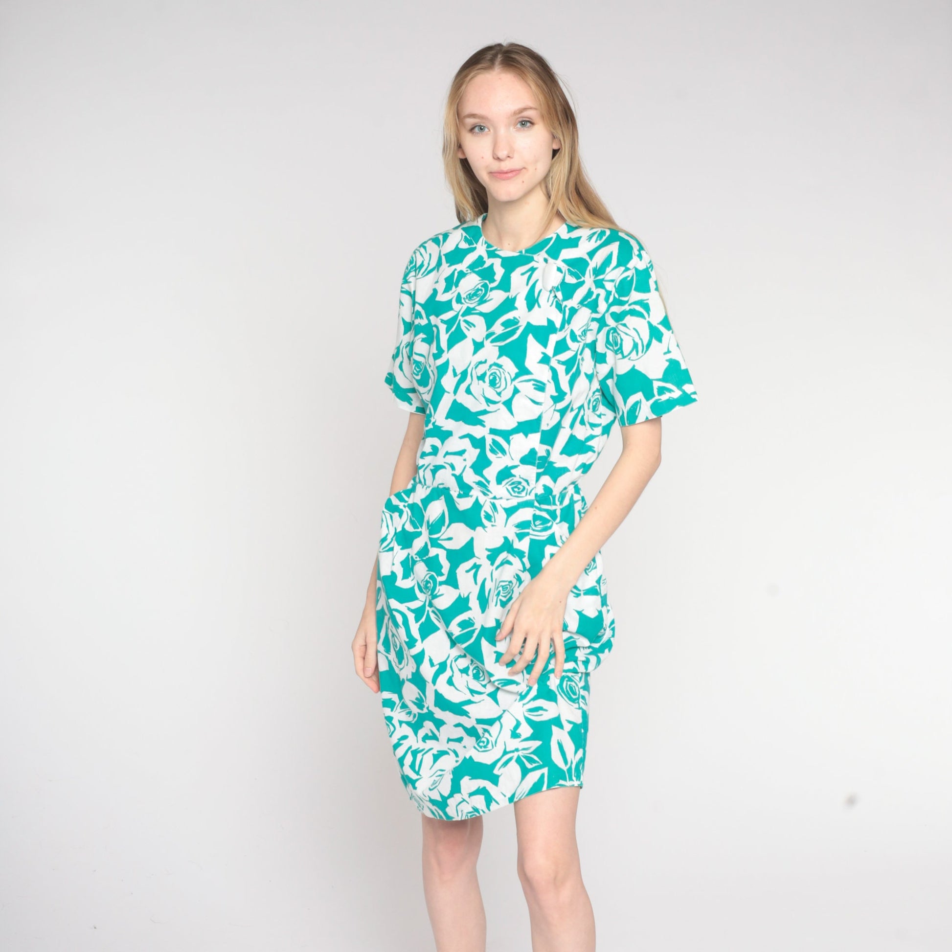 90s Green Rose Floral Print Dress Knee Length Button Wrap Pencil Medium M