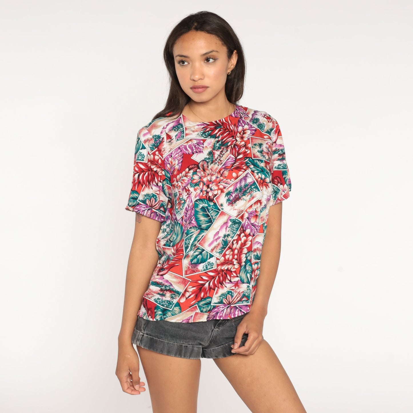 80s Hawaiian Tropical Island Shirt Red Floral Aloha Blouse Small