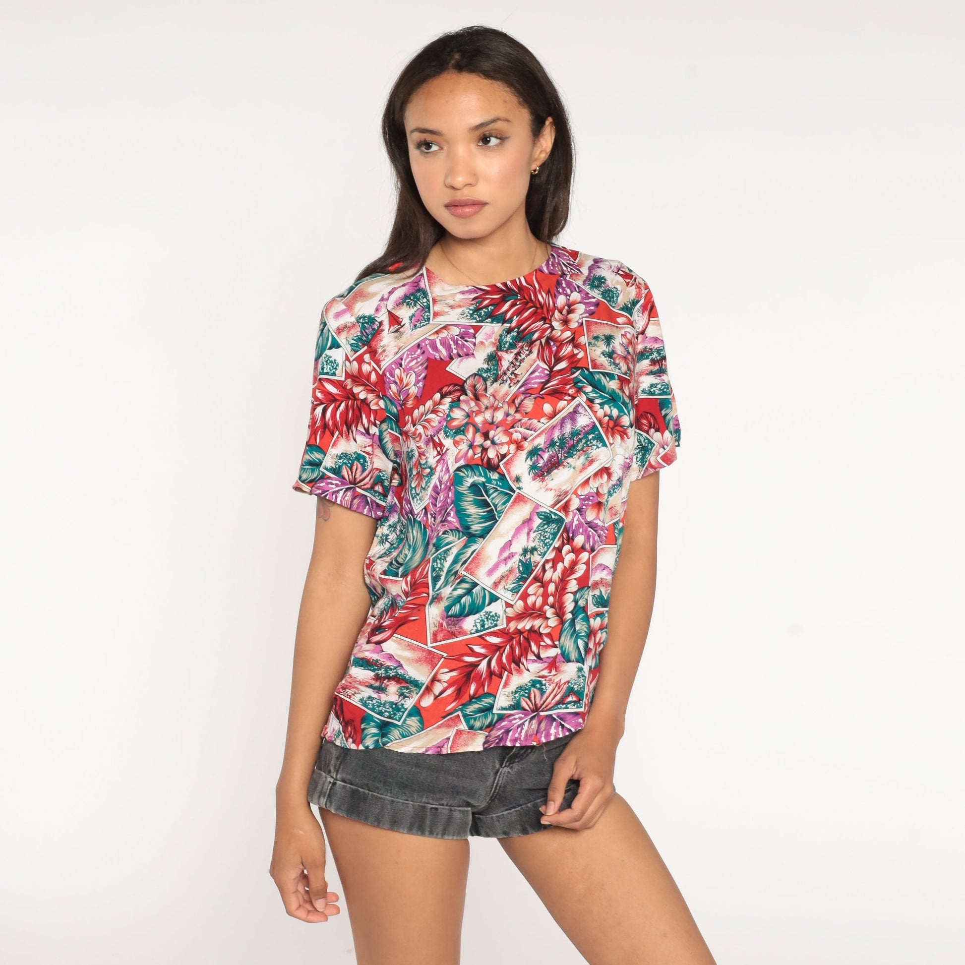 80s Hawaiian Tropical Island Shirt Red Floral Aloha Blouse Small