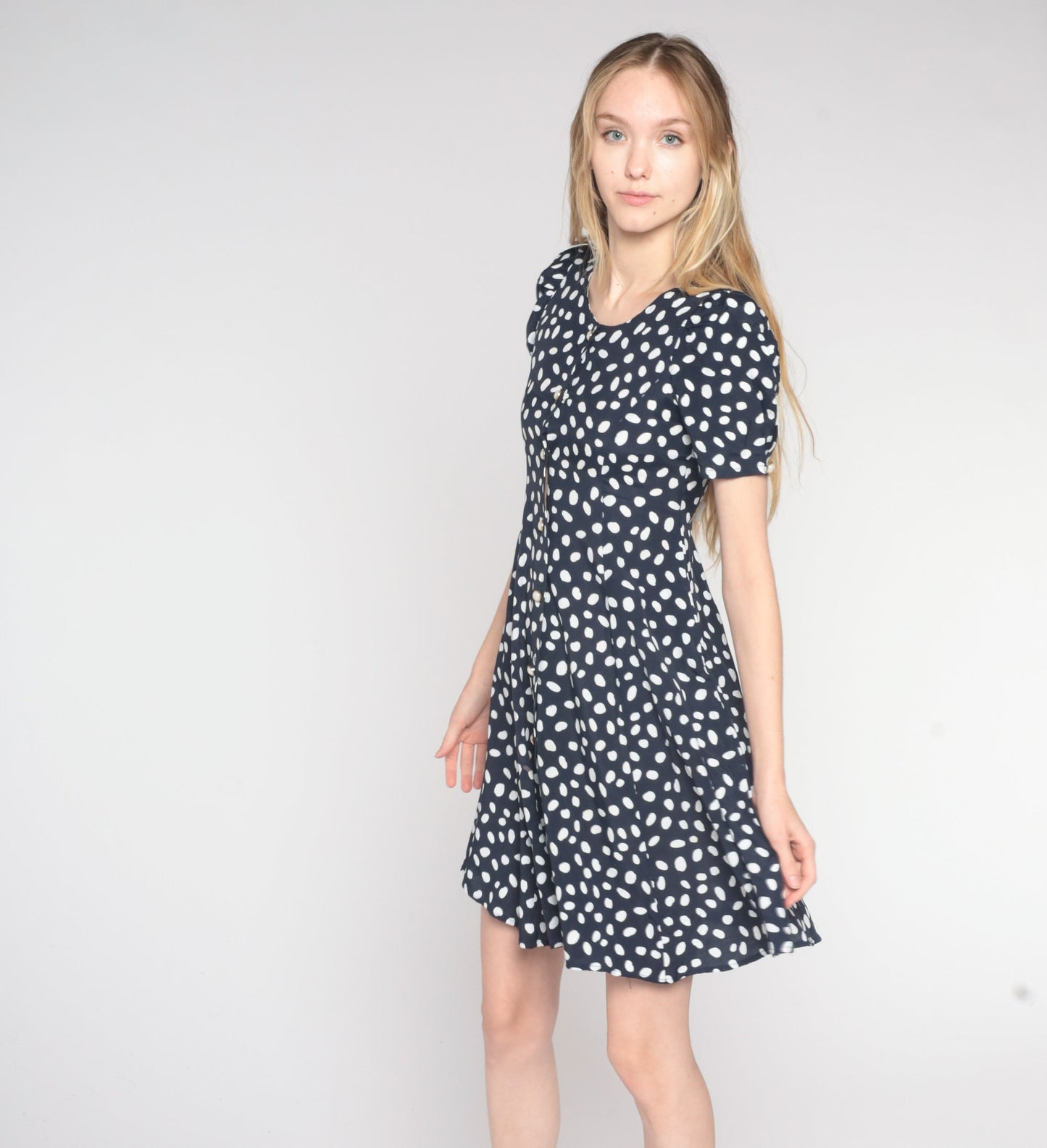90s Navy Polka Dot Puff Sleeve Mini Dress Button Up Rayon Extra Small