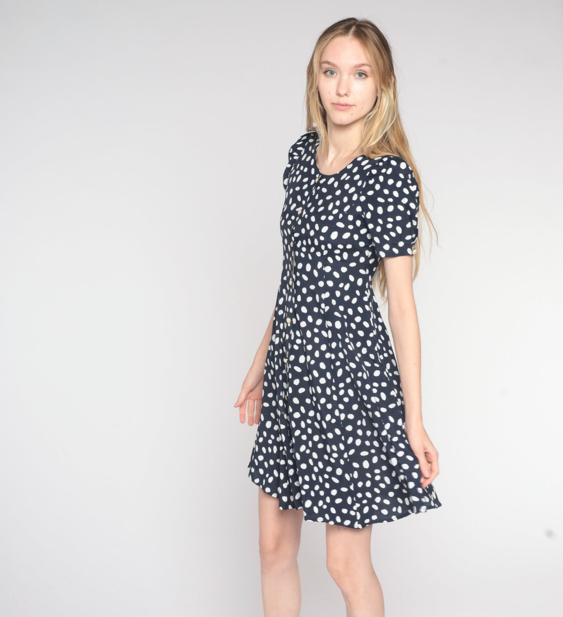 90s Navy Polka Dot Puff Sleeve Mini Dress Button Up Rayon Extra Small
