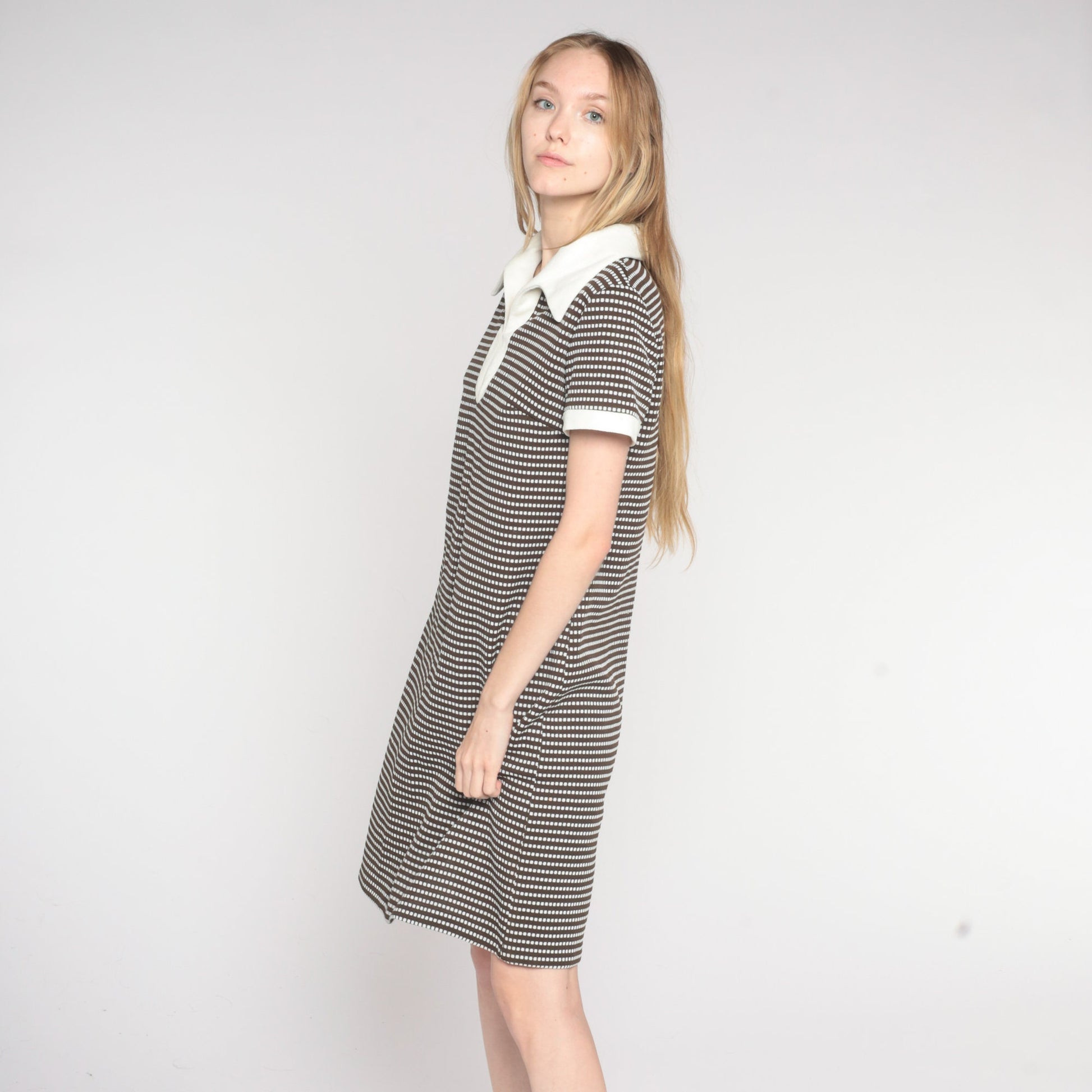 60s Shift Dress Mod Mini Brown White Striped Dot Print Collar Medium