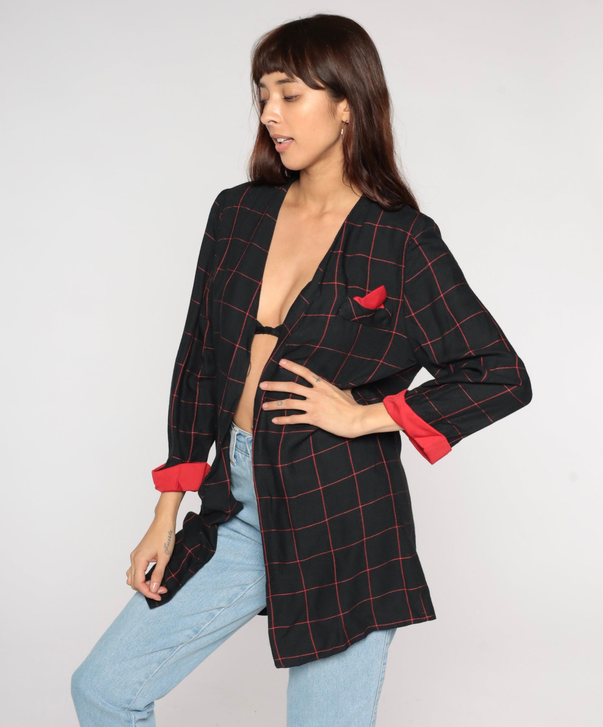 90s Black Red Checkered Blazer Open Front Cuffed Sleeve Medium