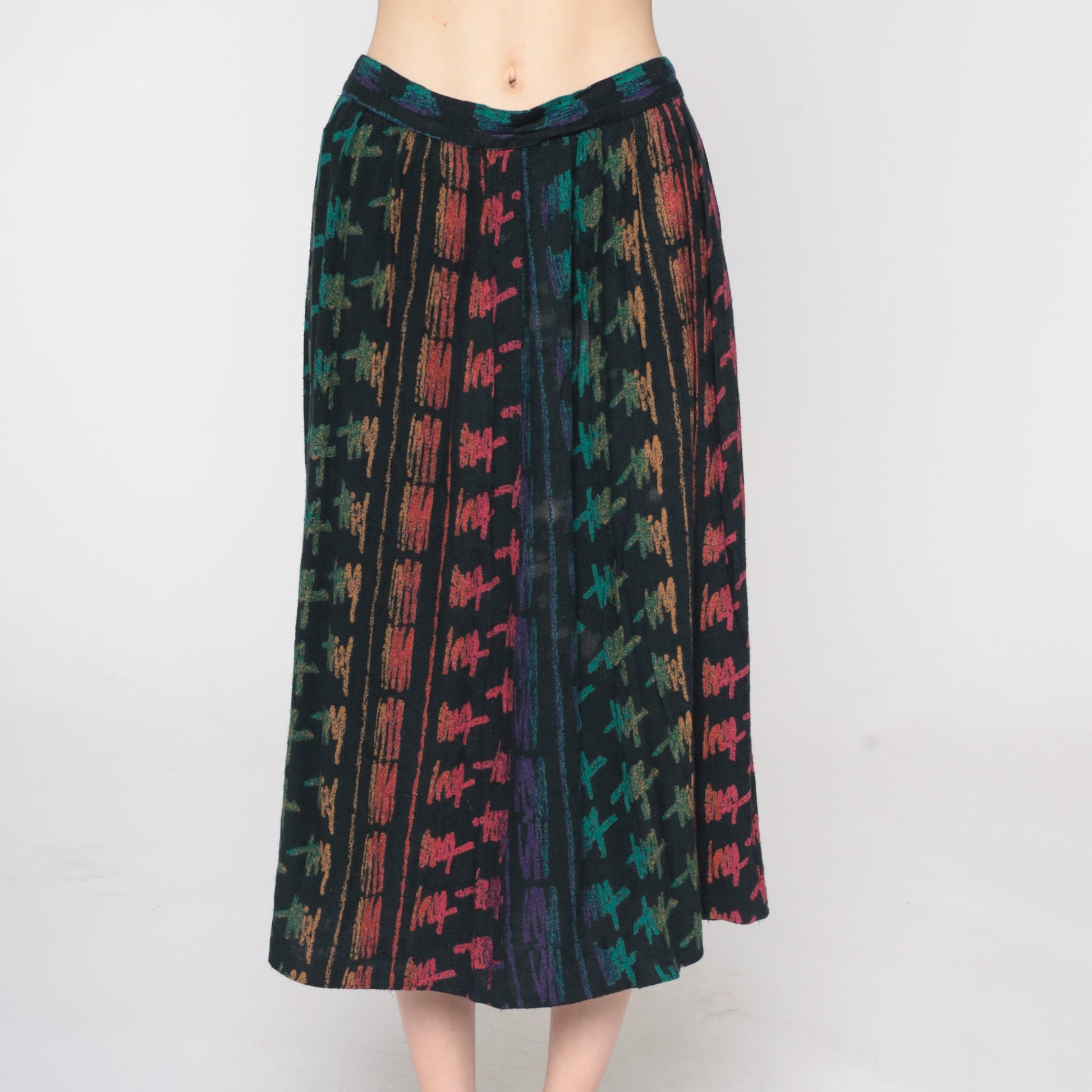90s Black Abstract Brushstroke Midi Skirt Rainbow Print High Waist Small