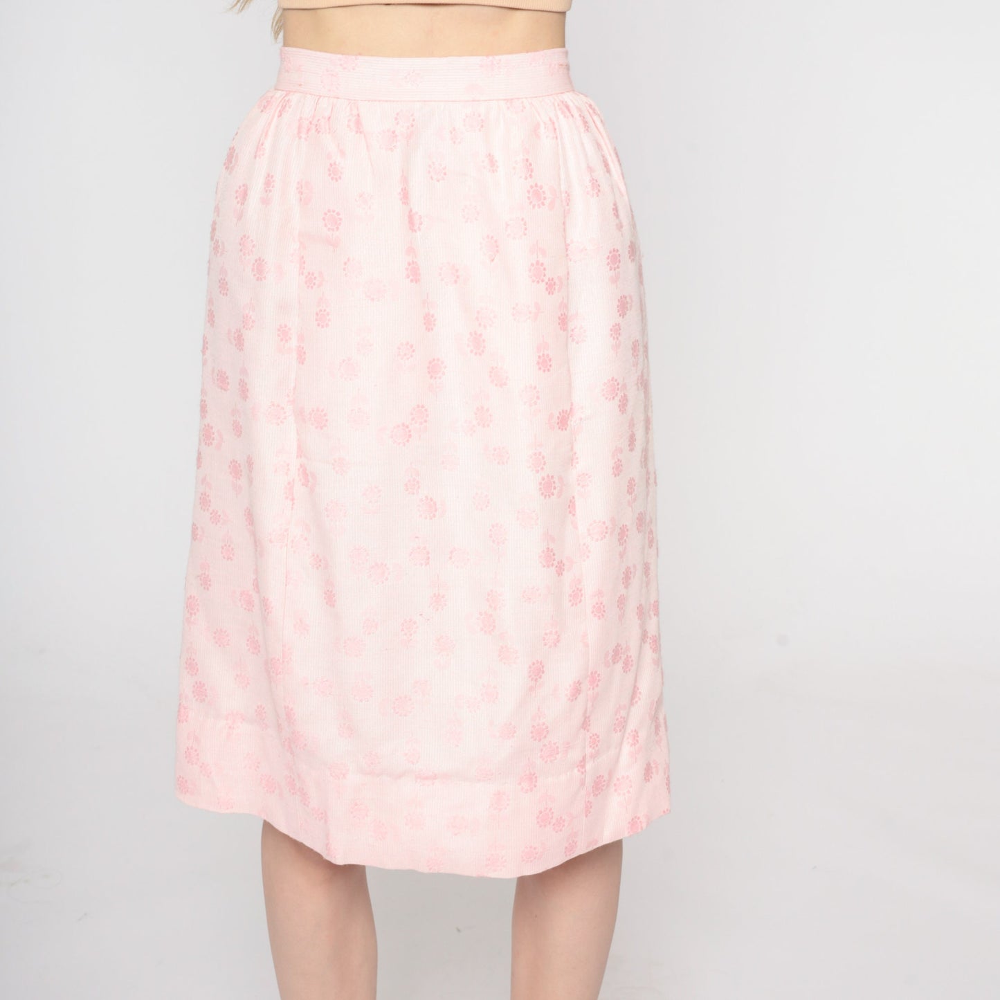1960s Baby Pink Floral Knee-Length Skirt High Waist Pockets XXS