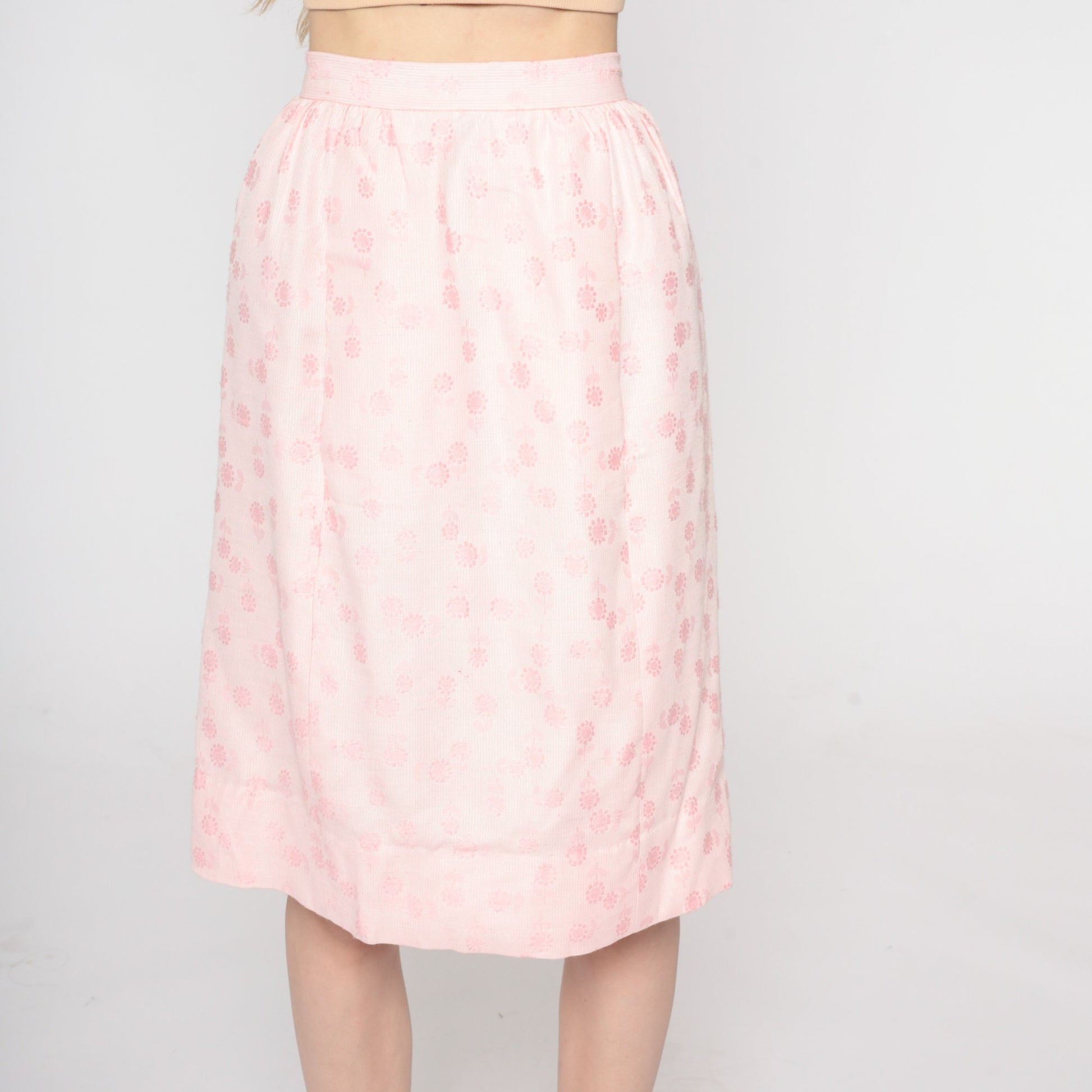 1960s Baby Pink Floral Knee-Length Skirt High Waist Pockets XXS