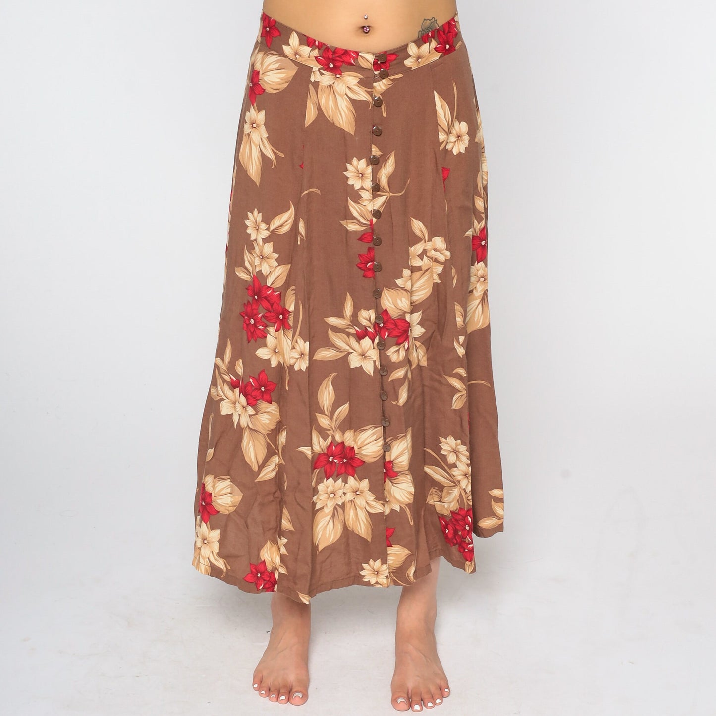 90s Brown Floral Button-Front Maxi Skirt Small Medium