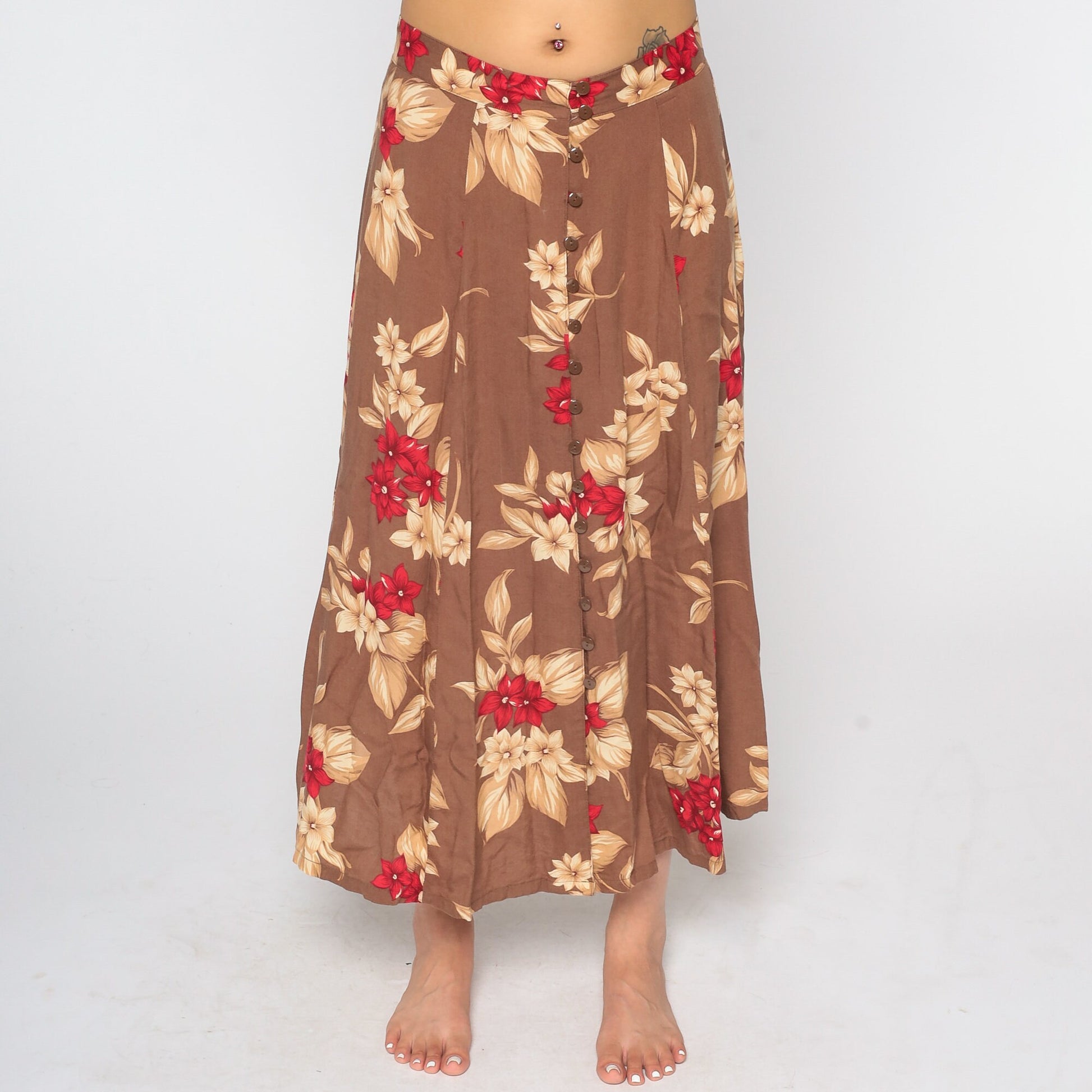 90s Brown Floral Button-Front Maxi Skirt Small Medium