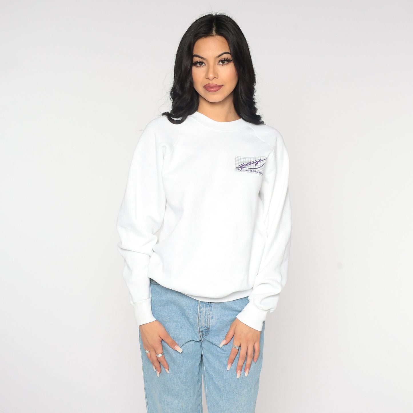 80s Botany's Las Vegas Nightclub Sweatshirt White Raglan Graphic Large