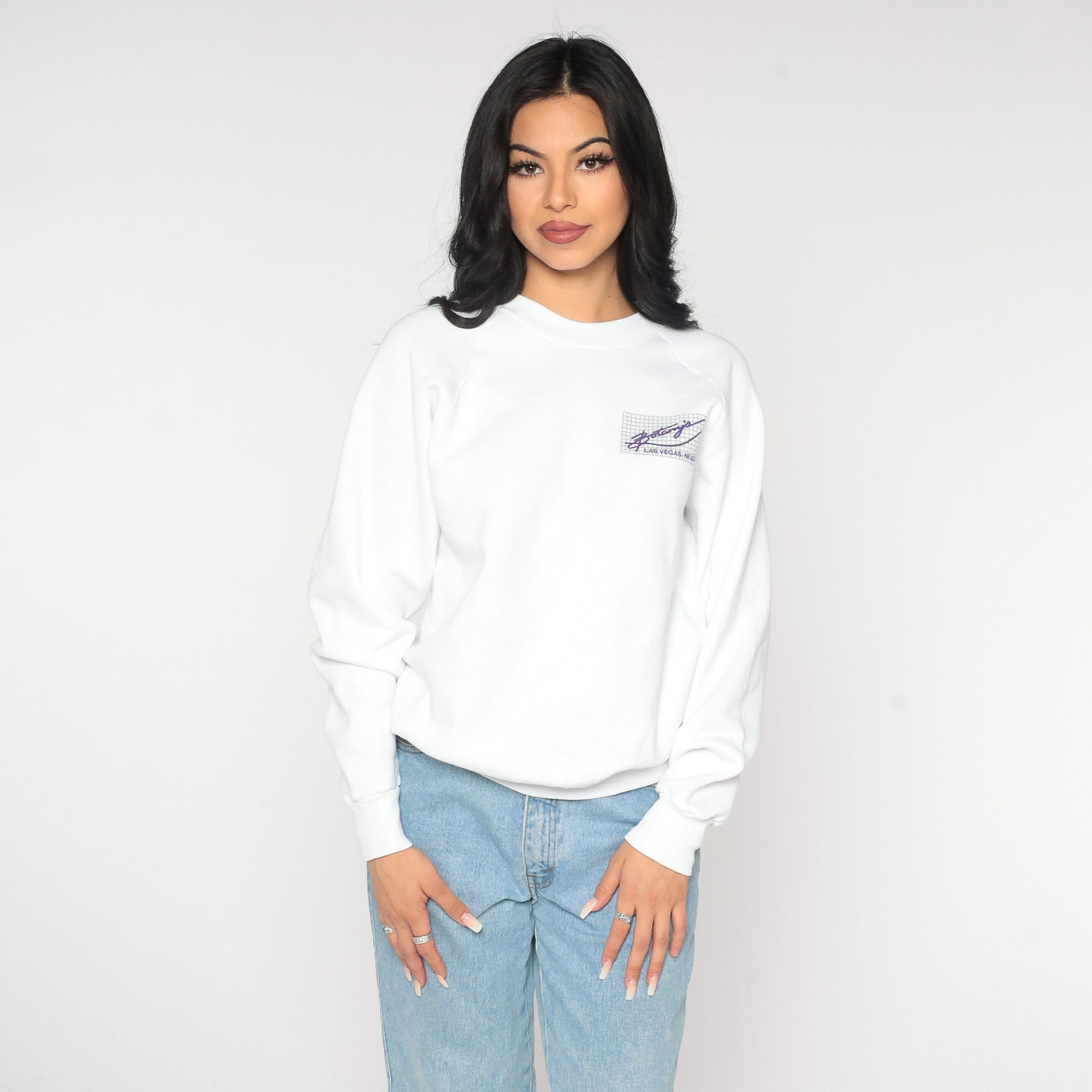 80s Botany's Las Vegas Nightclub Sweatshirt White Raglan Graphic Large