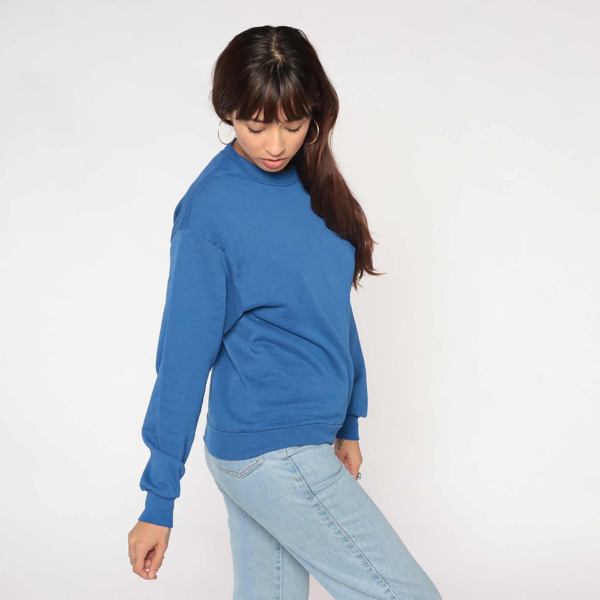 80s Blue Crewneck Sweatshirt Drop Shoulder Pullover Medium M