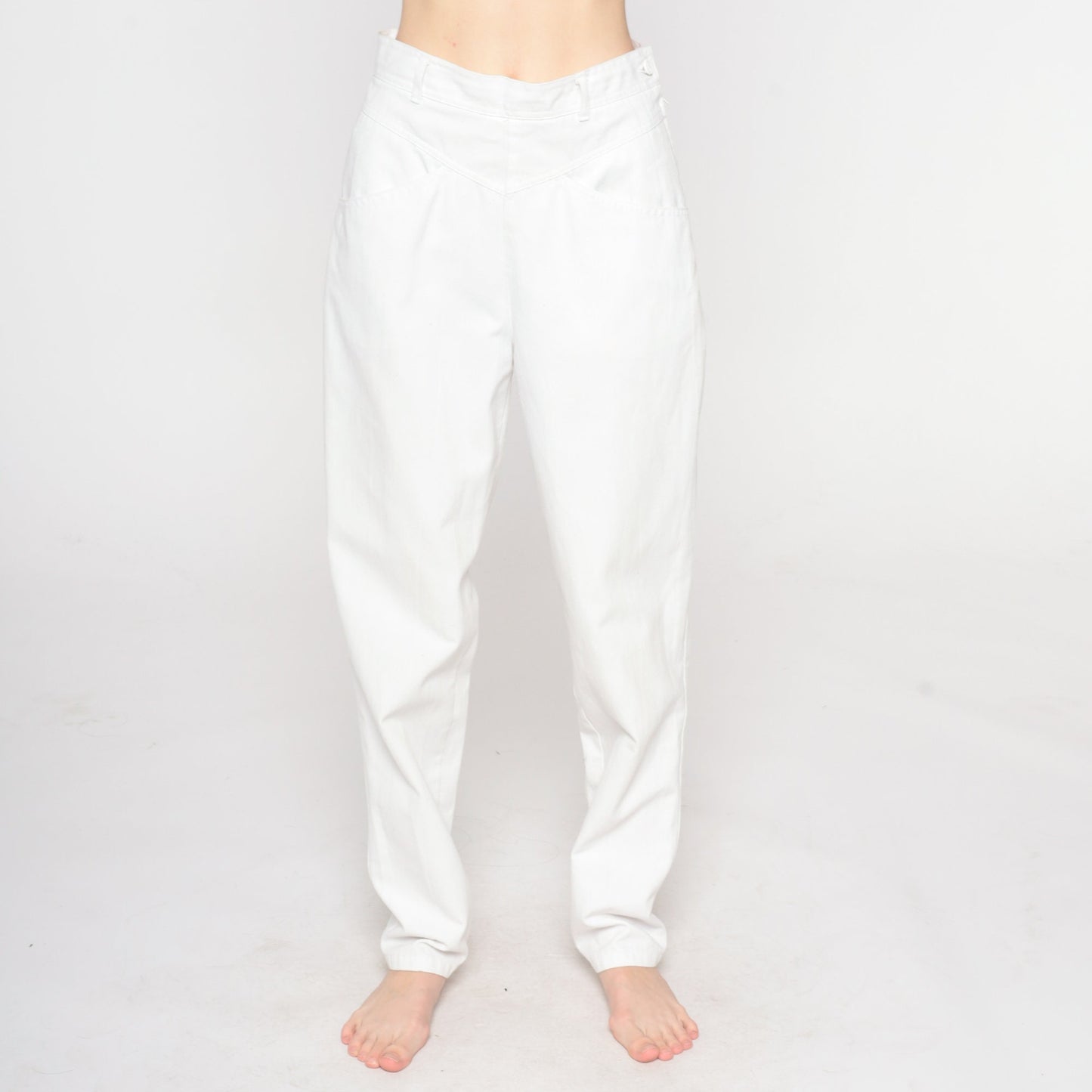 90s White High-Waisted Tapered Trousers Side Button Extra Small