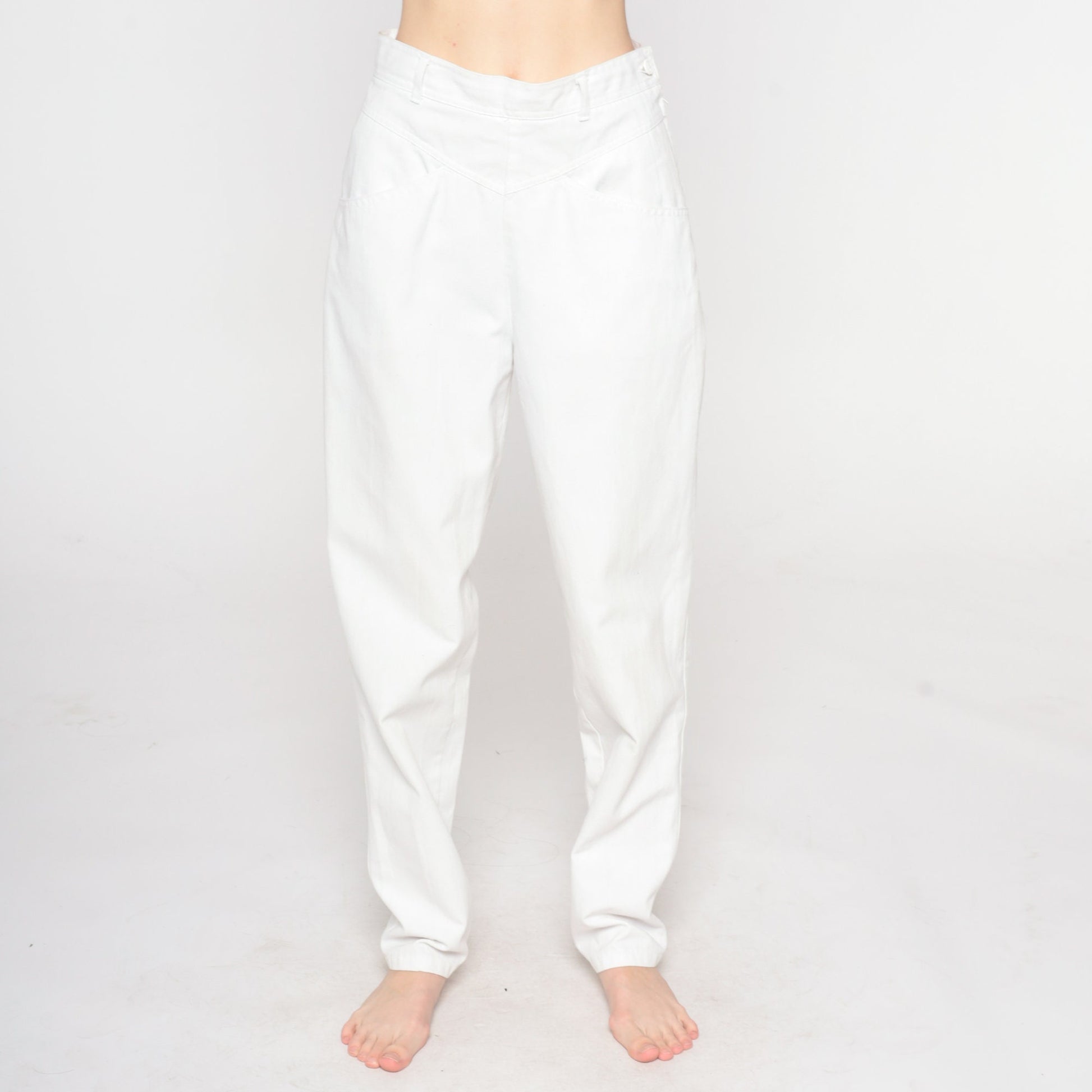 90s White High-Waisted Tapered Trousers Side Button Extra Small